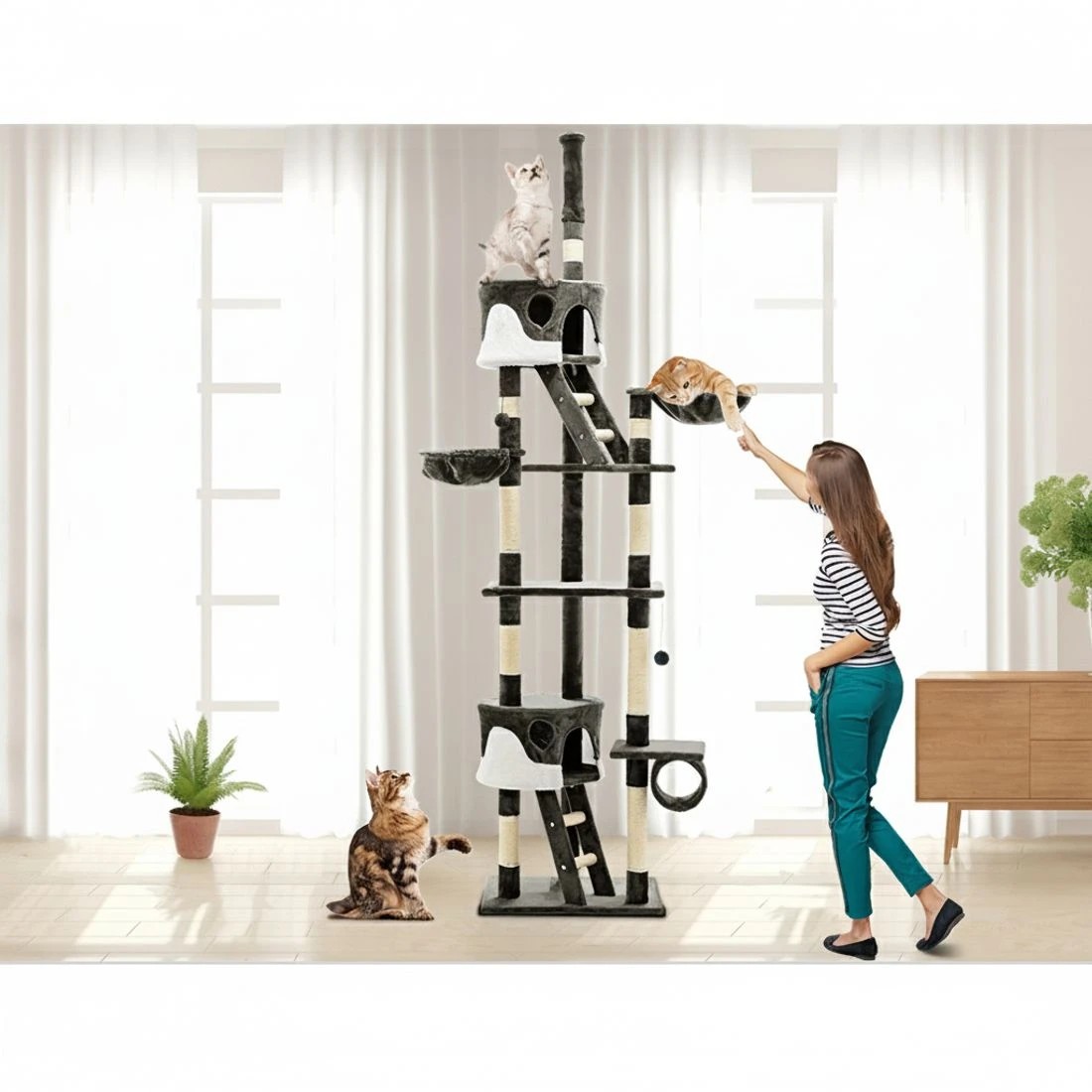 6 i.Pet Cat Tree 260cm Tower Scratching Post Scratcher Condo House Trees - Grey, 6 of 6