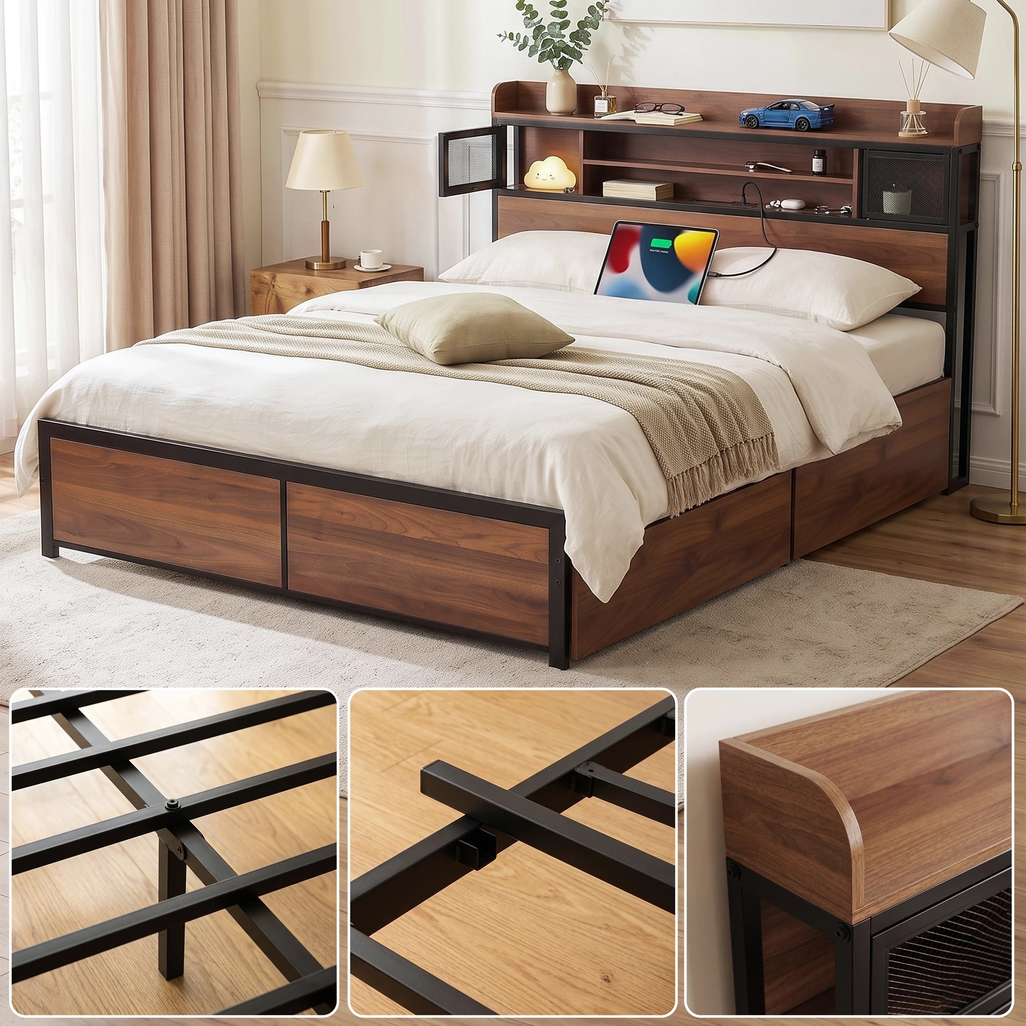 7 Artiss Frame with Charging Station 4 Drawers Storage - Queen Bed - Natural, 7 of 8