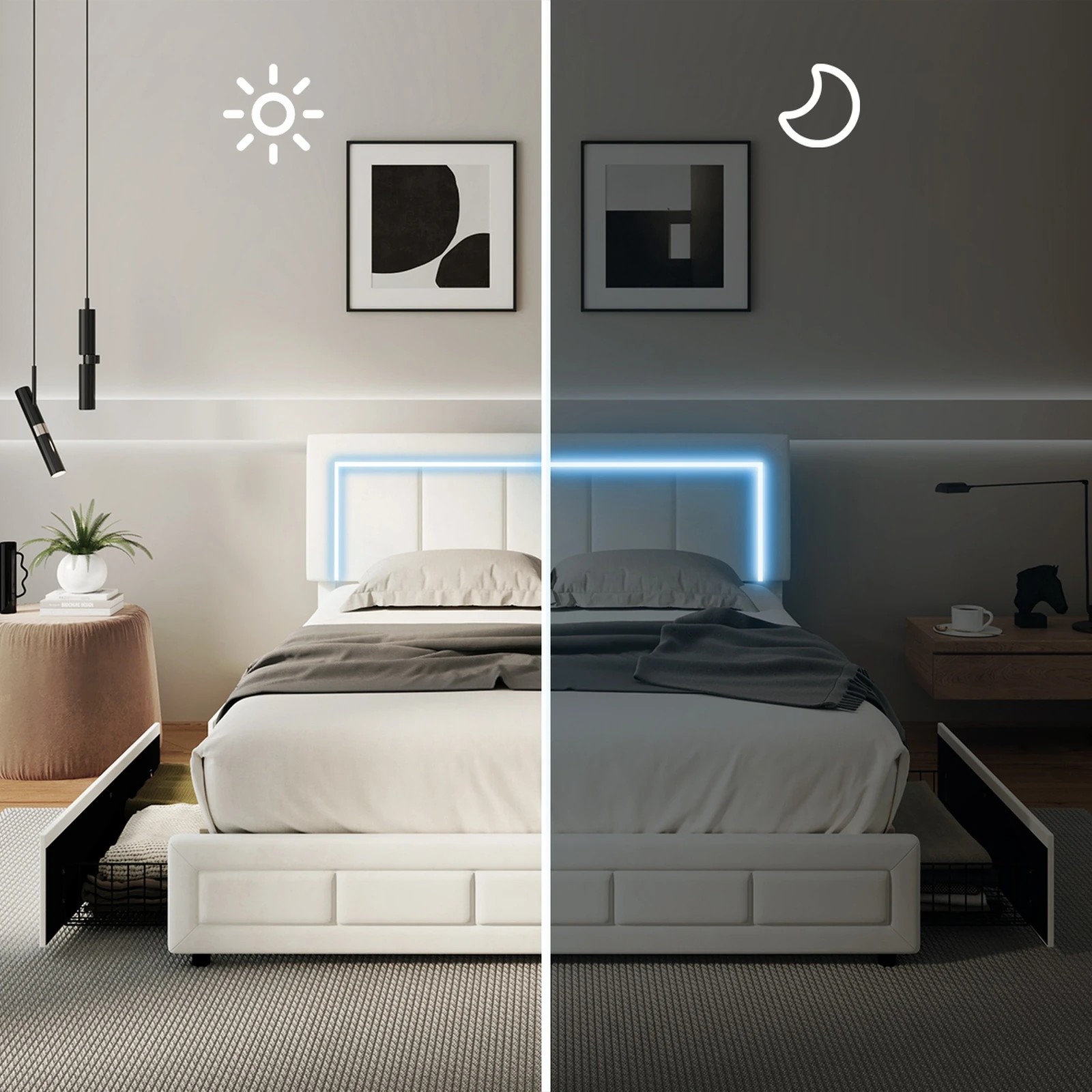 3 Oikiture LED Double Bed Frame With 4 Storage Drawers & Charging Station - Beige, 3 of 9