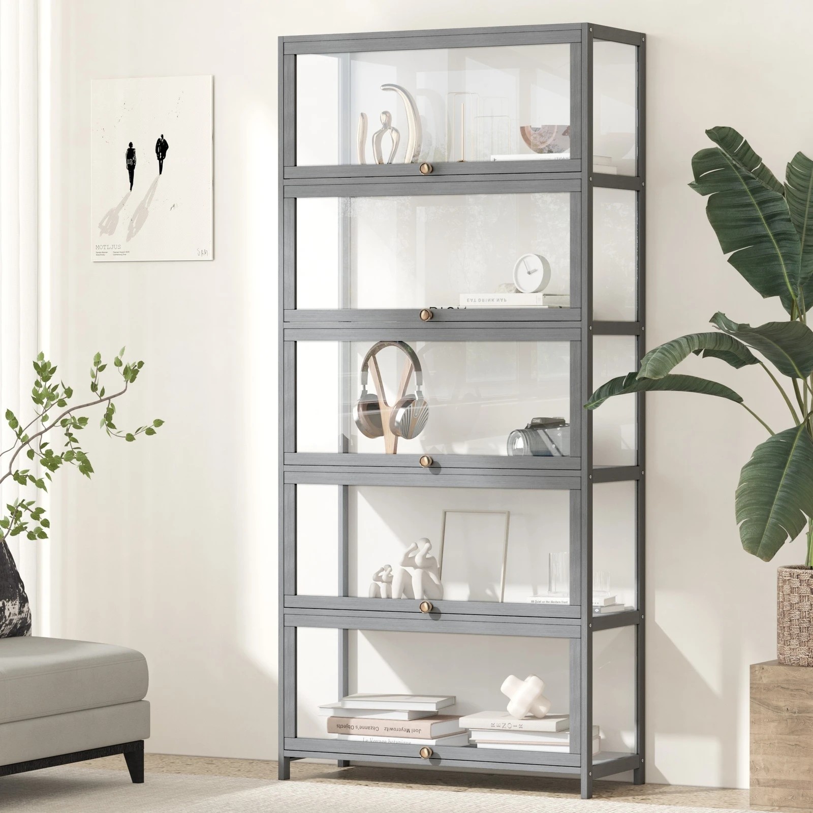 2 Oikiture Display Cabinet Storage 5-tier Shelves Clear Bookcase Stand Rack
 - Grey, 2 of 9