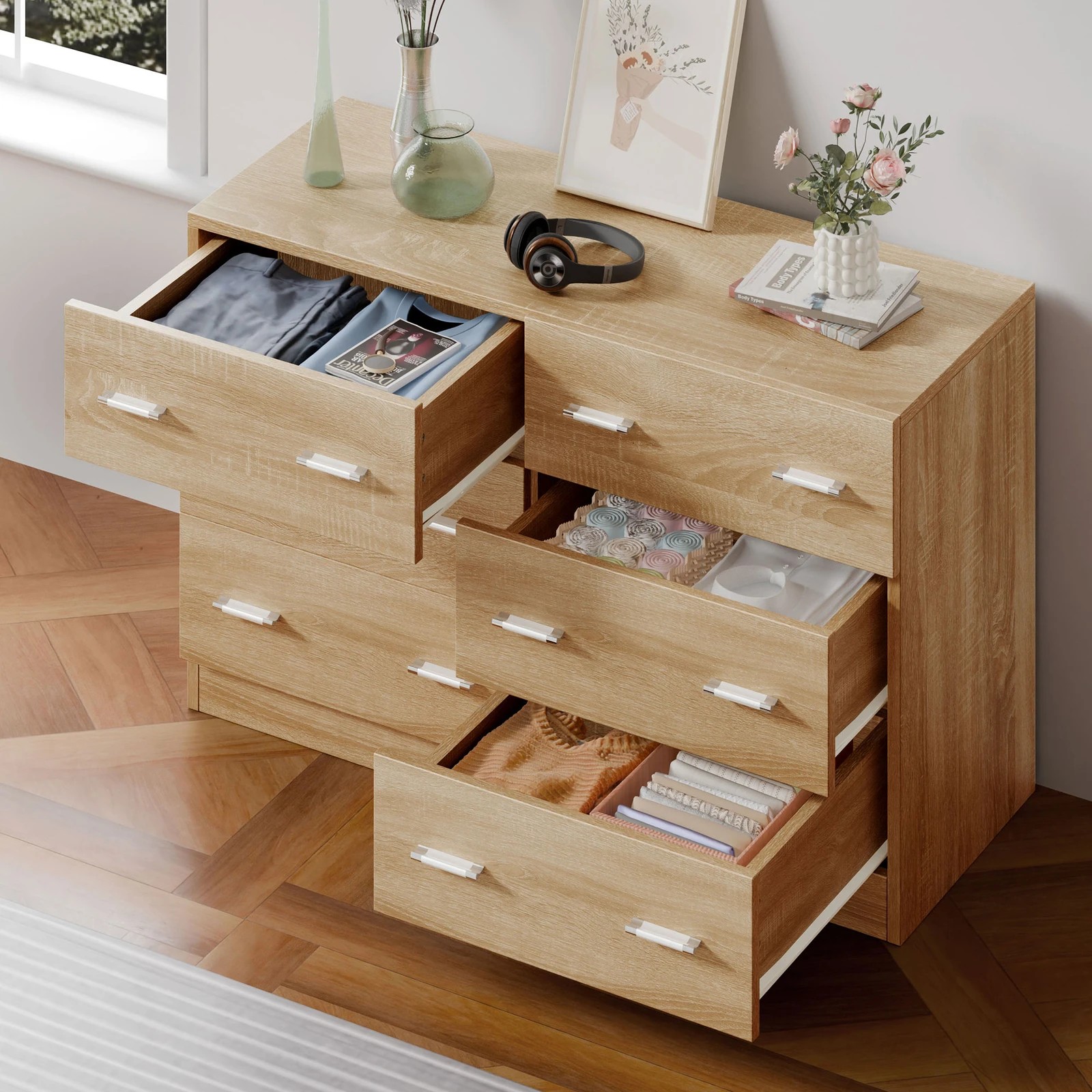 5 Alfordson 6 Chest of Drawers Hamptons Storage Dresser - Oak, 5 of 10