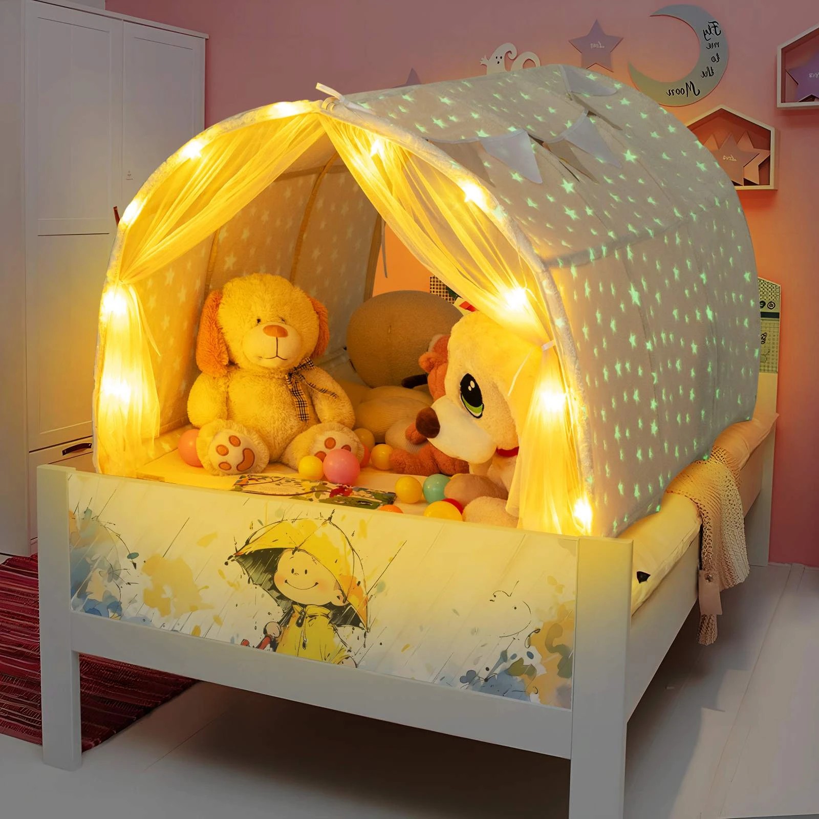2 Costway Glow in the Dark Play Tent Bed Tent Castle - Beige, 2 of 2
