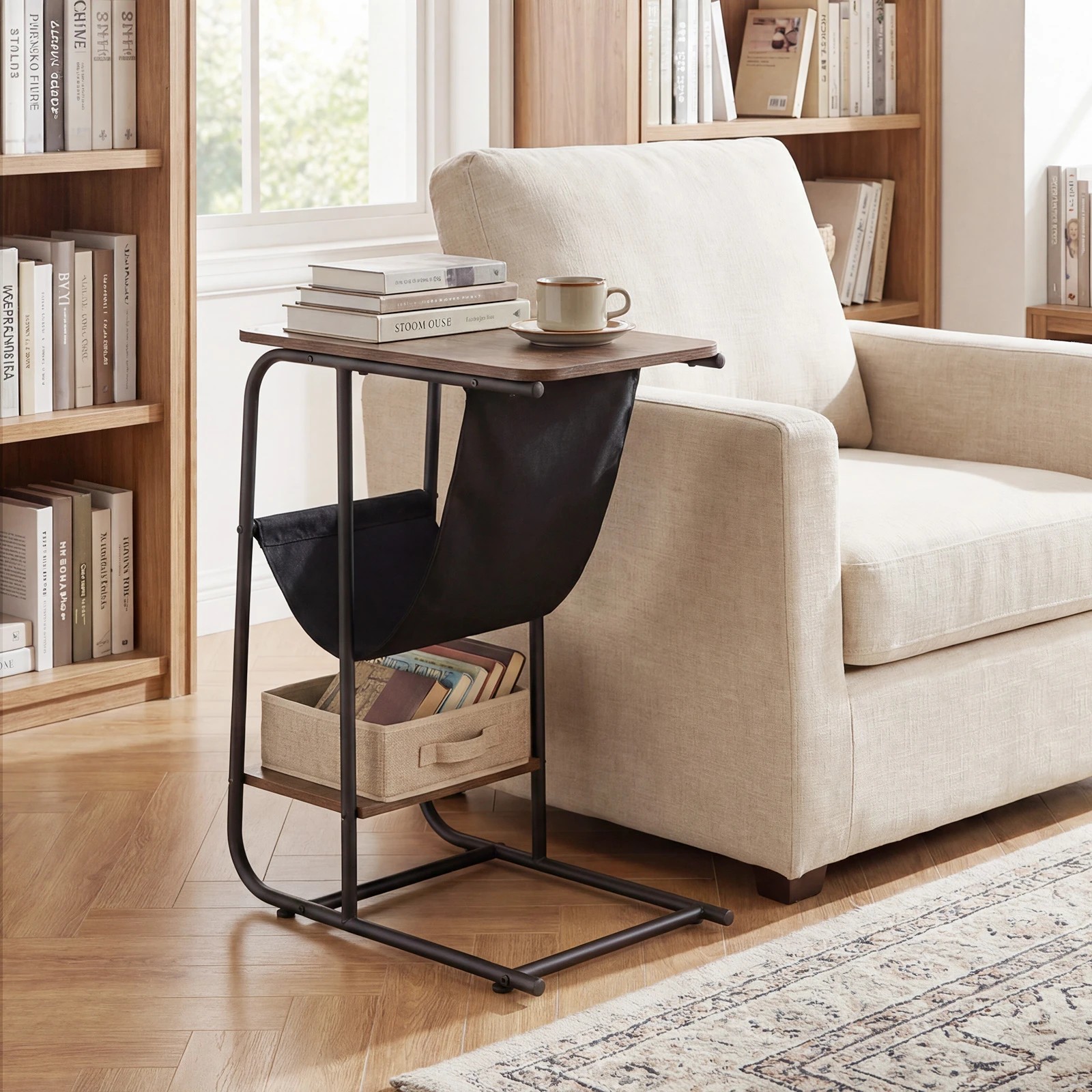 5 Costway C-Shaped End Table w/Canvas Book Holder Compact Side Table, 5 of 6