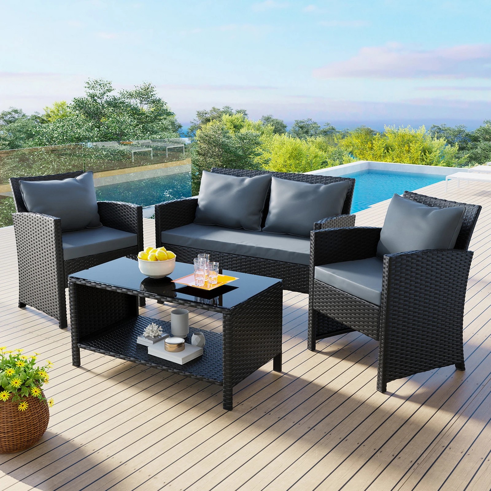 9 Alfordson Outdoor Furniture 4PCS Garden Patio Chairs Table Set Wicker - Black, 9 of 10