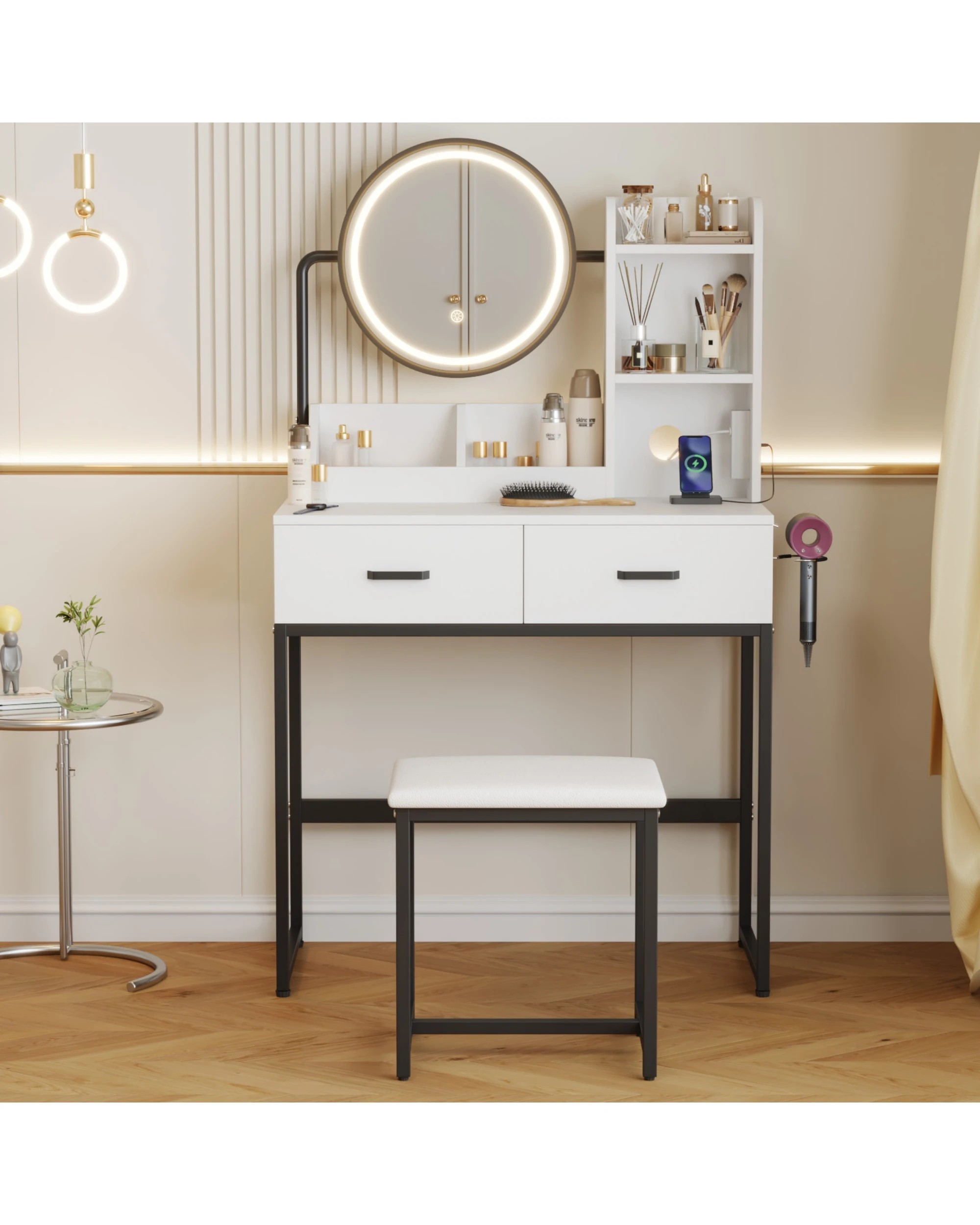 2 Advwin Dressing Table Set With Power Outlet And Led Light 360°adjustable Mirror Angle, 2 of 10