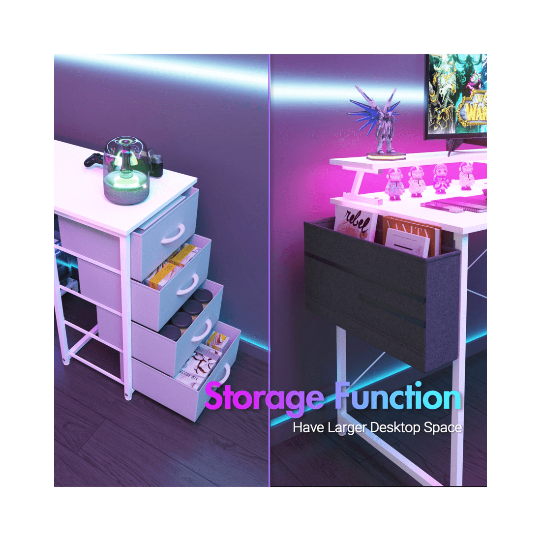 4 Advwin L Shaped Gaming Desk 140cm With Led Lights & Power Outlets Convertible Computer Desk With Monitor Stand White, 4 of 10