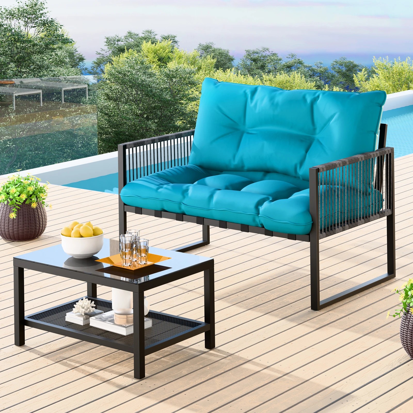 2 Alfordson 2PCS Outdoor Lounge Sofa Set Wicker Furniture Table and Chairs Garden - Blue, 2 of 10