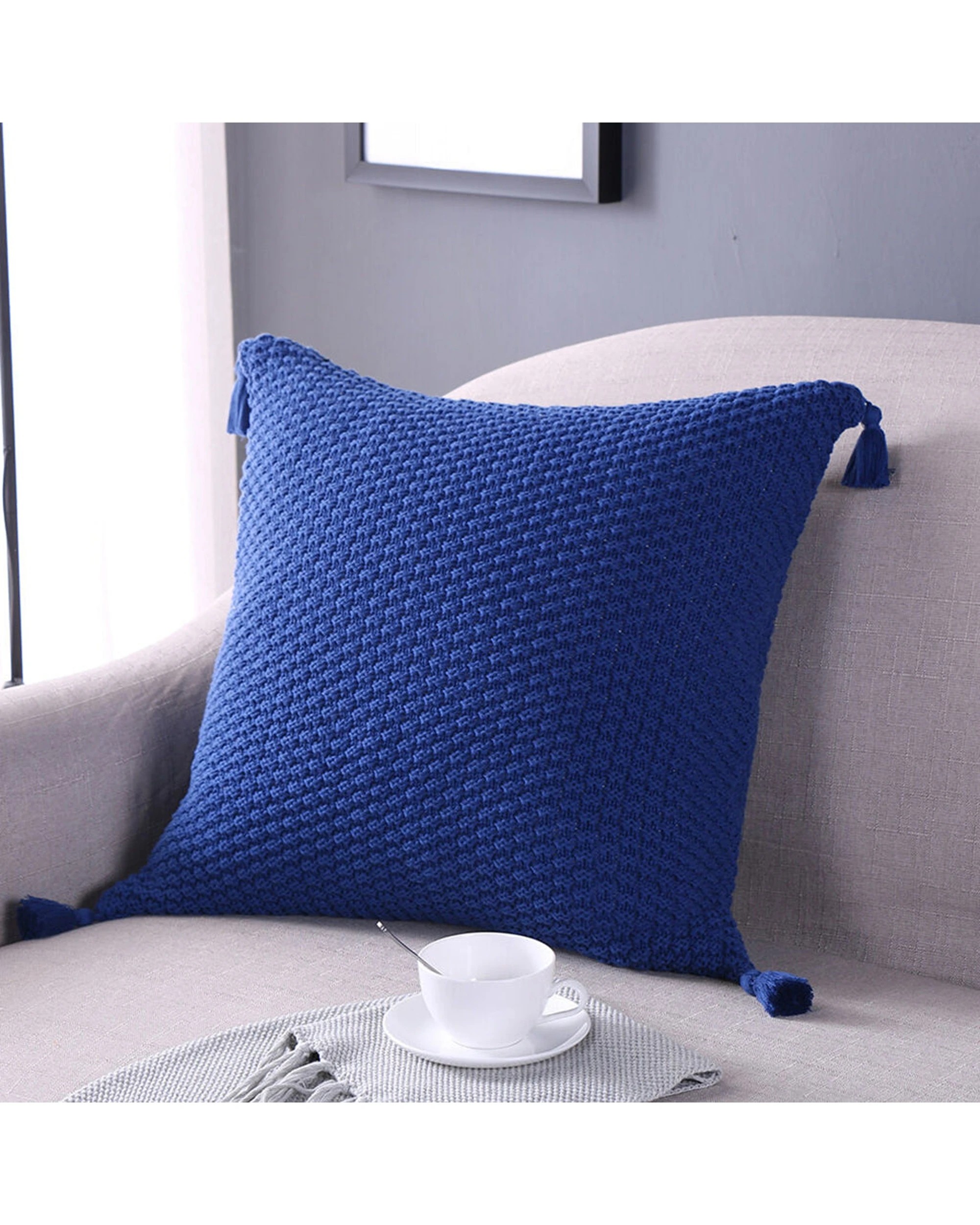2 Cotton More Premium Cotton Knitted Tassel Cushion Cover 45x45cm - Blue, 2 of 2