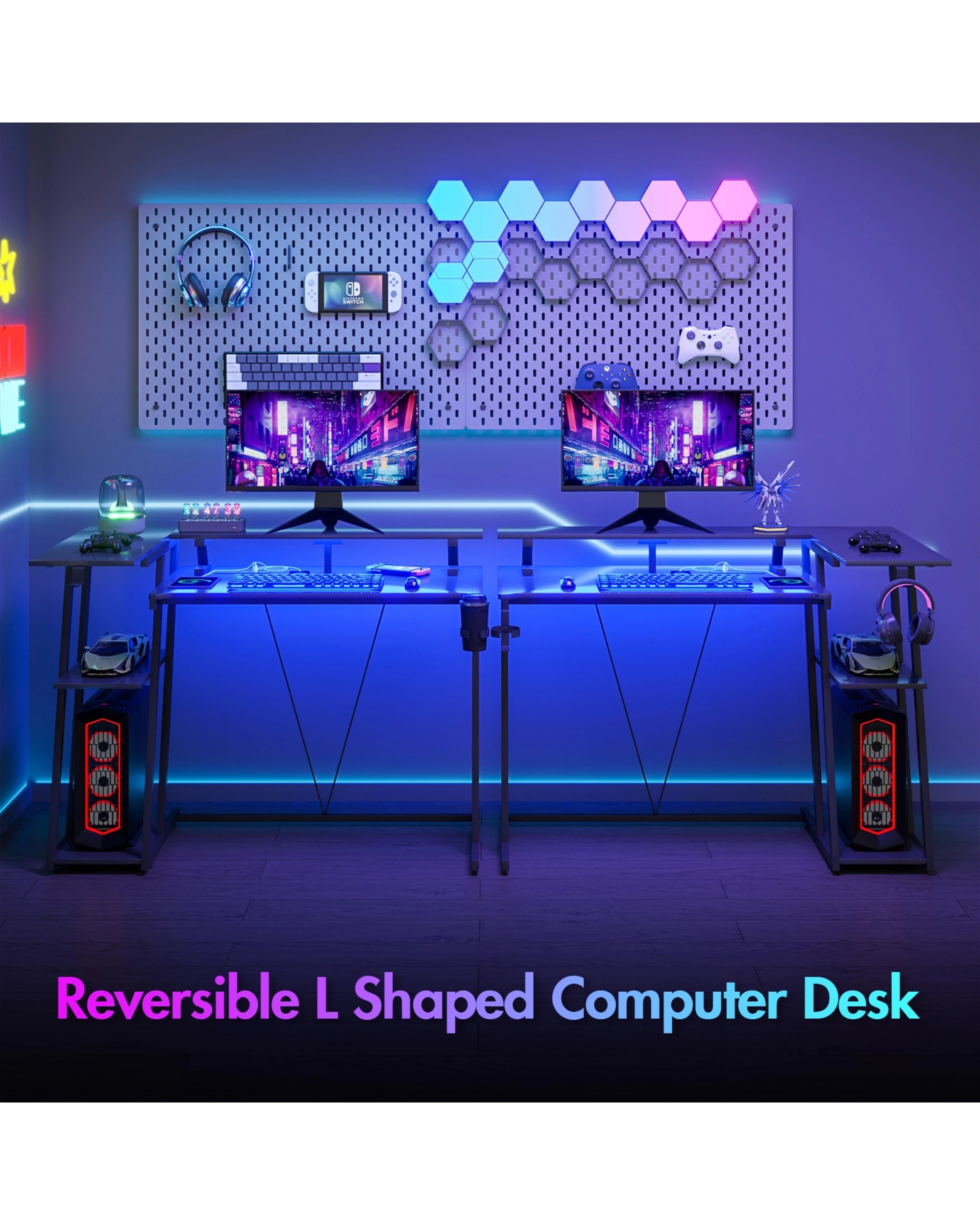 6 Advwin L Shaped Gaming Desk With Led Lights & Power Outlets 120cm - Black, 6 of 9