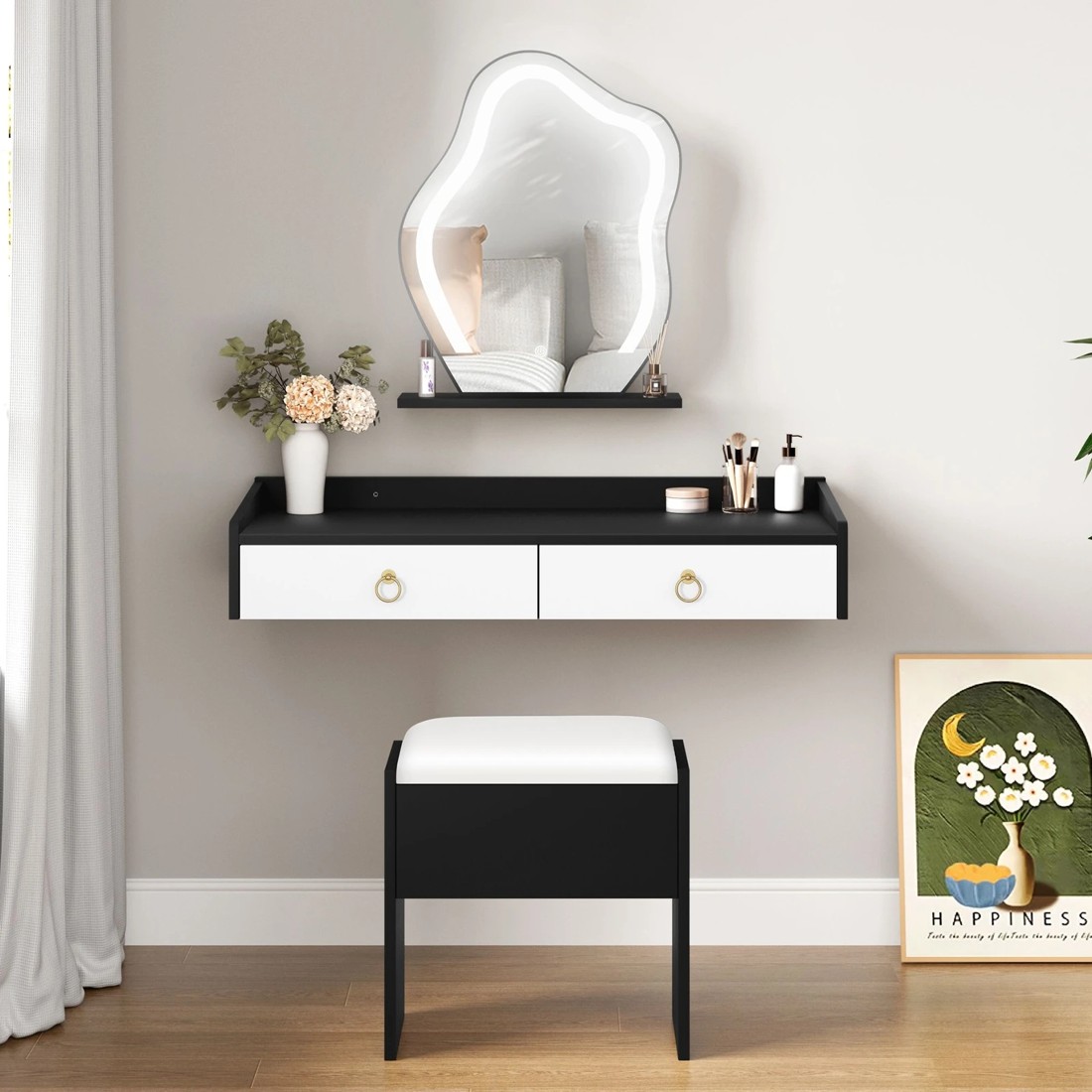 2 Alfordson Dressing Table Stool Floating Makeup Mirror Vanity Desk LED - Black White, 2 of 10