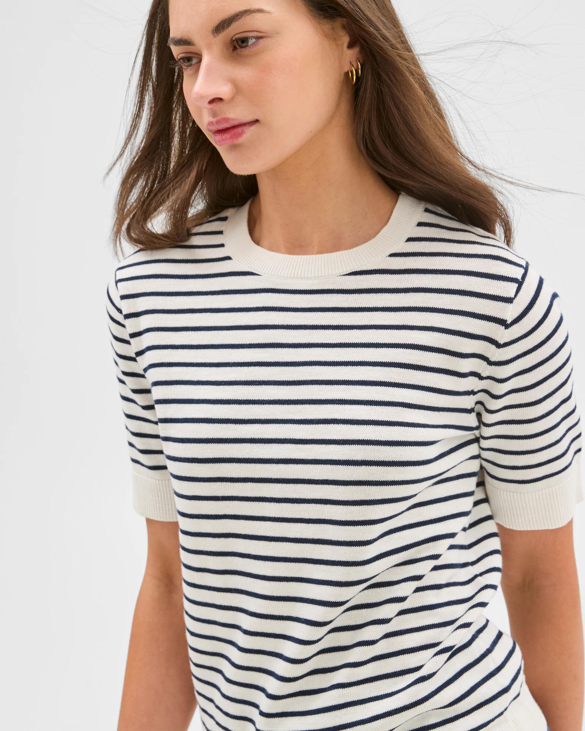 5 Target Petites Australian Cotton-linen Knit Cropped T-shirt, White/navy Stripe WHITE / NAVY, 5 of 6