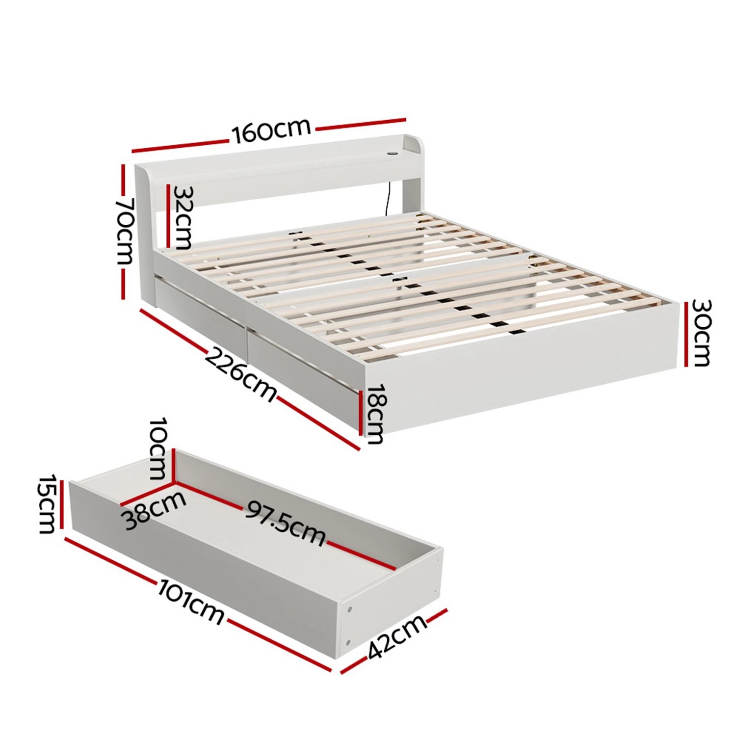 2 Artiss Bed Frame Queen Size with Charging Ports and 2 Drawers AURA - White, 2 of 7