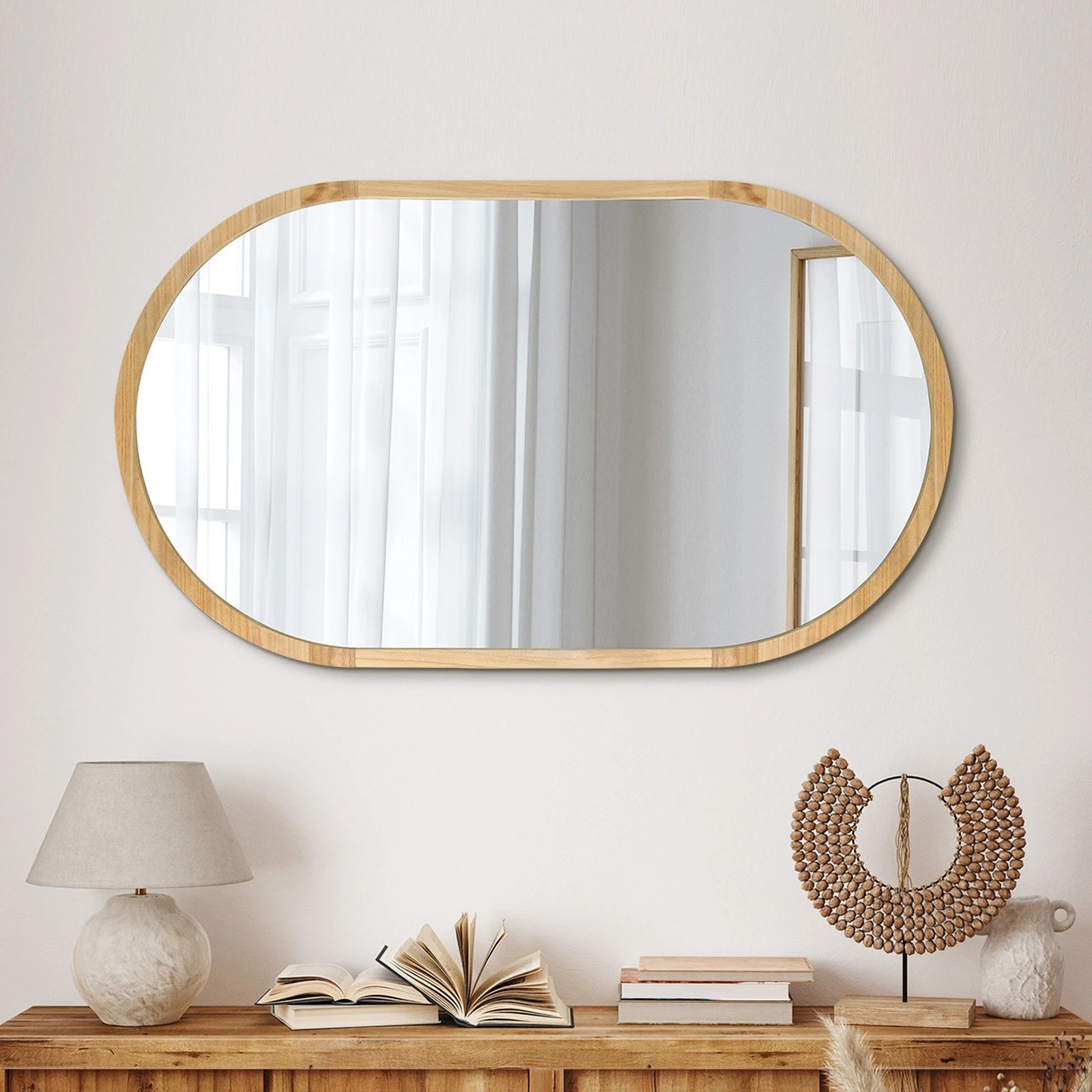 3 Oikiture Wooden Wall Mirrors Oval Makeup Mirror Home Decor 84x50cm
 - Natural, 3 of 9