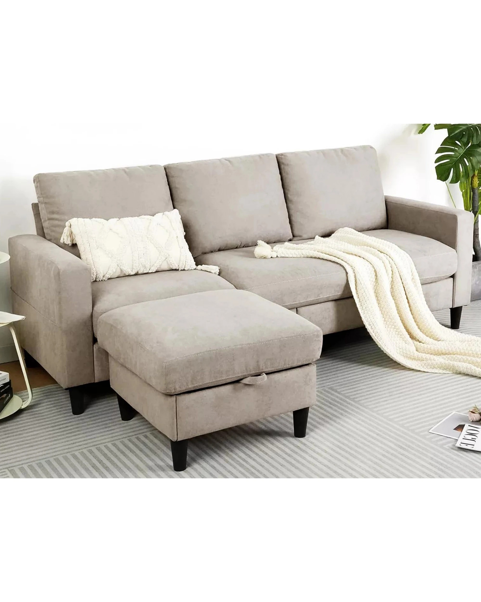 6 Advwin 3 Seater Sofa Modular Lounge Chaise Set Corner Couch W/ Storage Ottoman Beige, 6 of 10