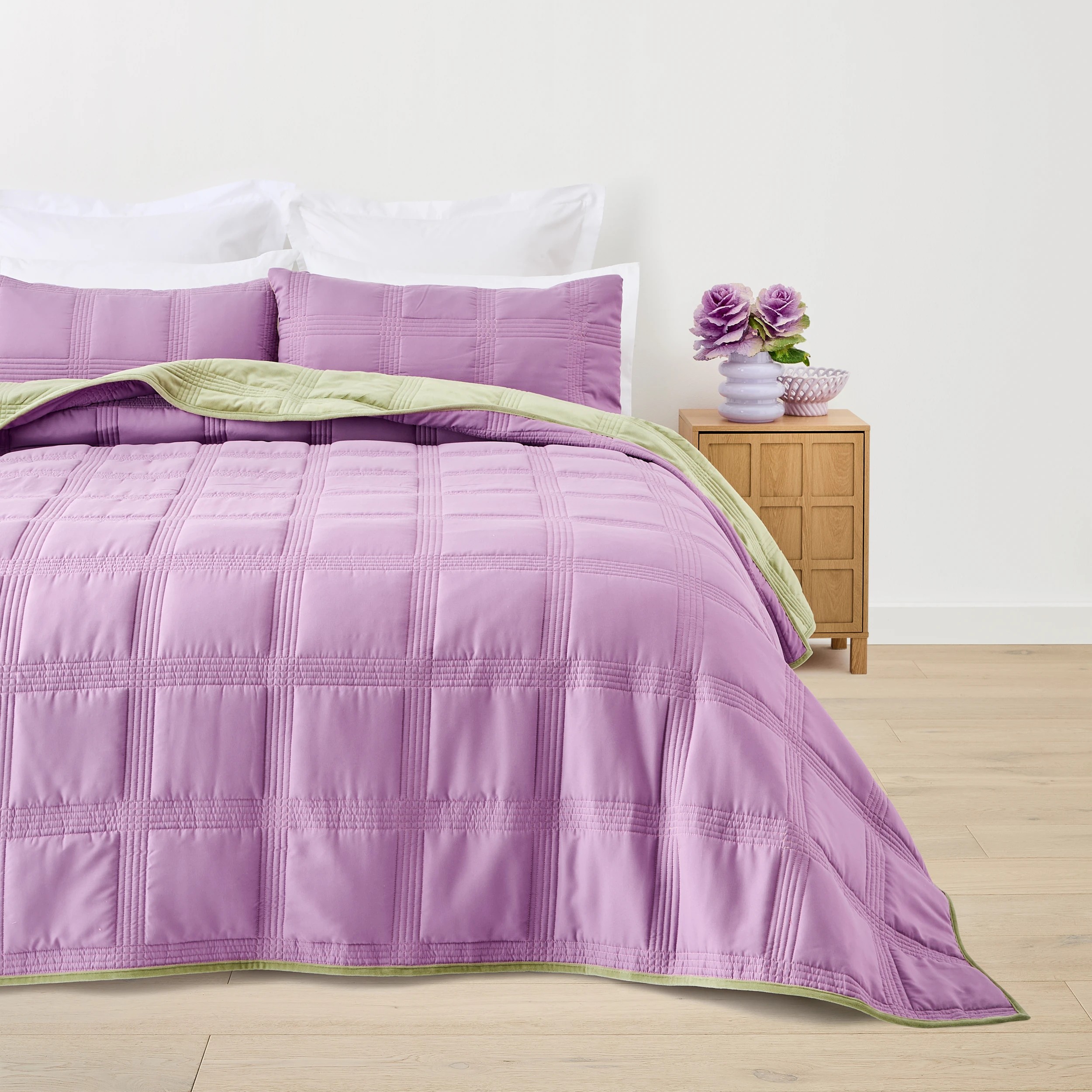 2 Velvet Reversible Coverlet Set - Queen/King Bed, Sage and Lilac, 2 of 9