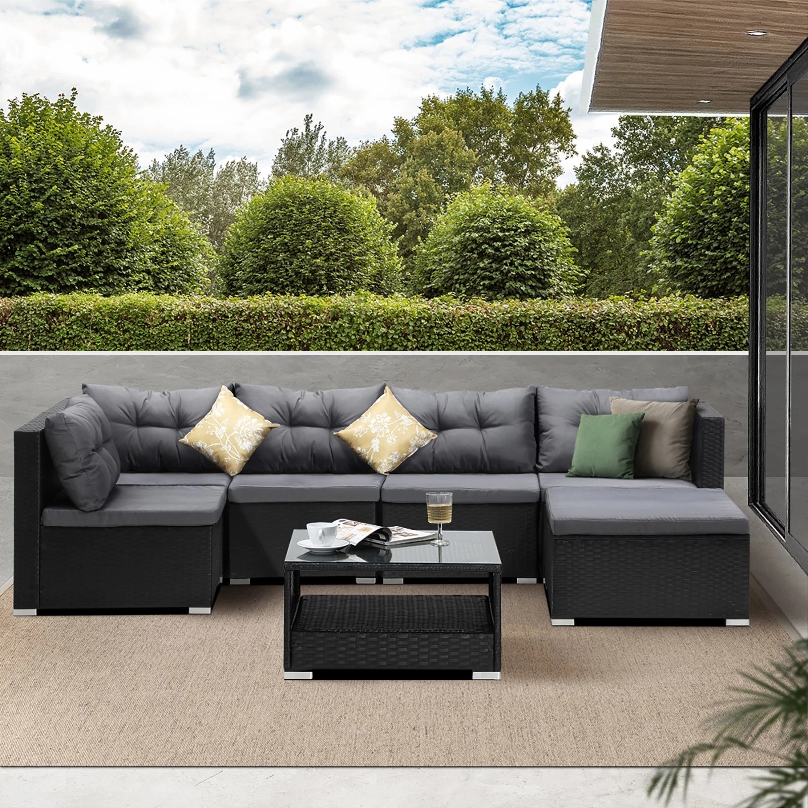 9 Livsip Outdoor Lounge Setting 7pc Wicker Sofa Set Furniture Rattan Patio Garden
 - Black, 9 of 9