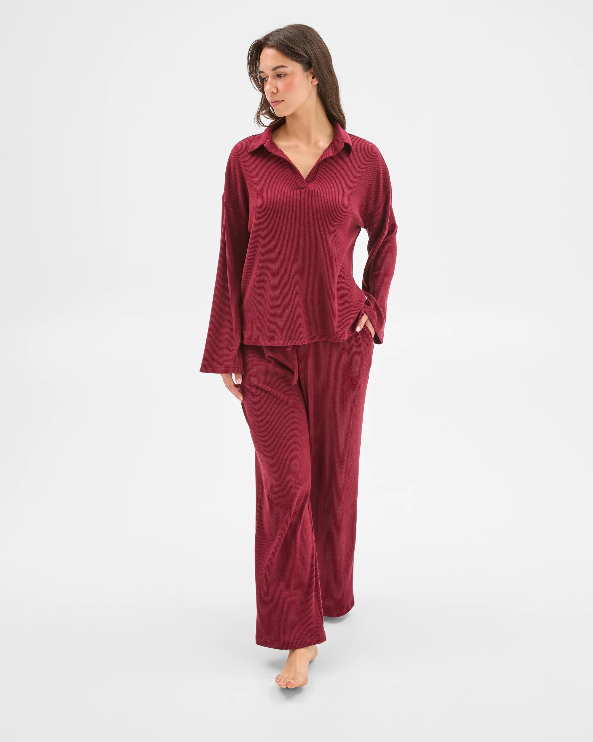 2 Target Woman Cosy Rib Wide Leg Pants BURGUNDY, 2 of 6