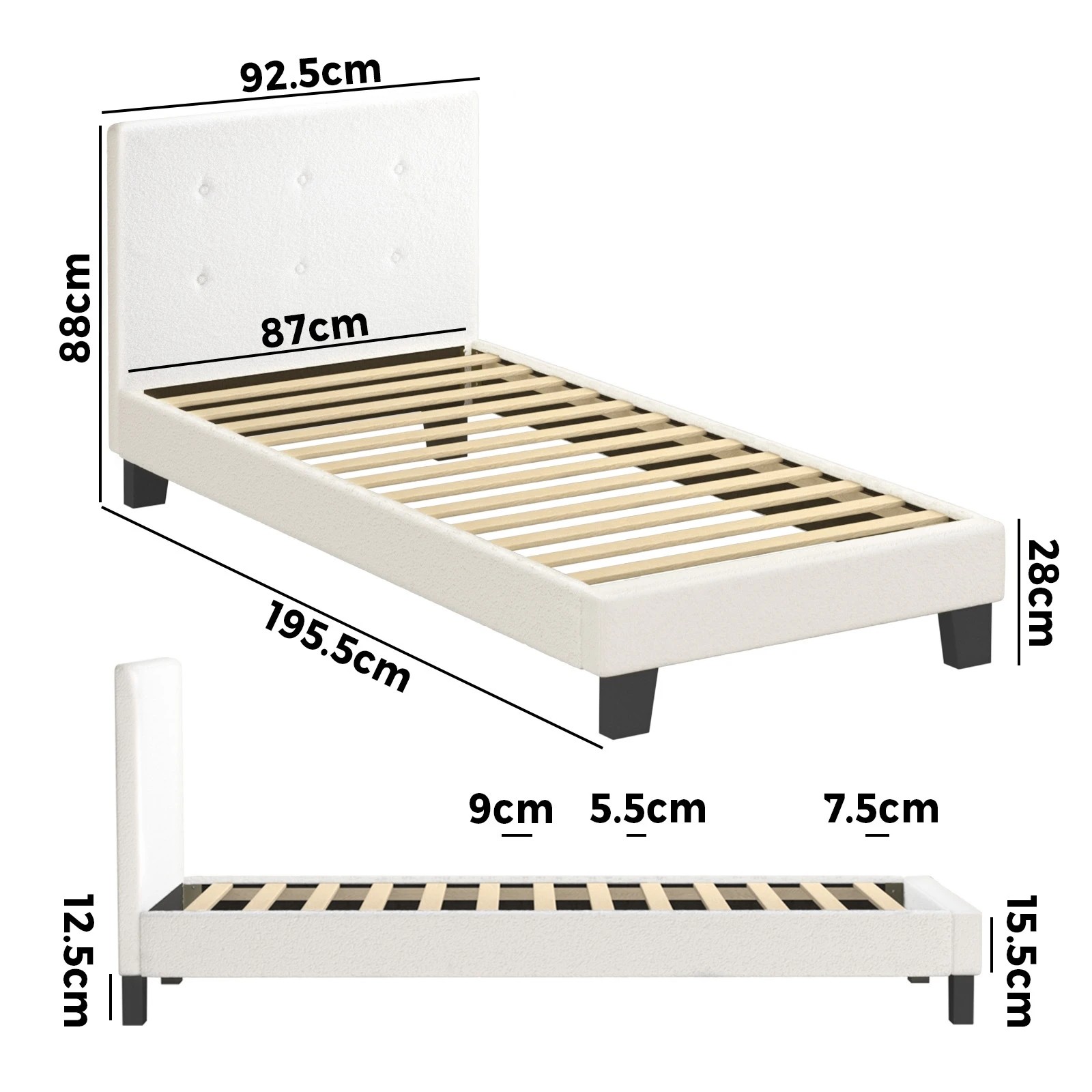 2 Oikiture Bed Frame Single Size Bed Platform Boucle - White, 2 of 7