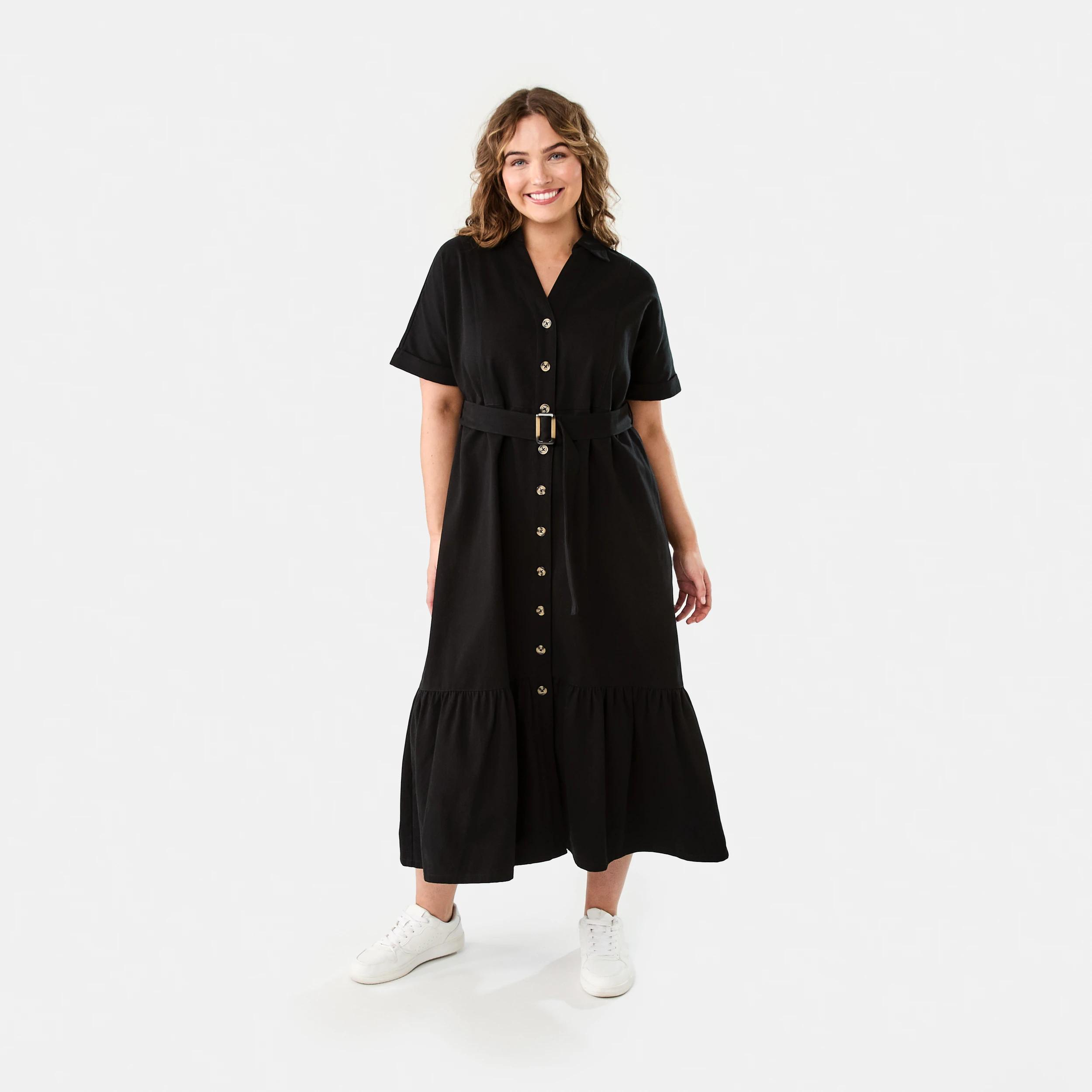 1 Short Sleeve Denim Button Through Midi Dress BLACK, 1 of 9