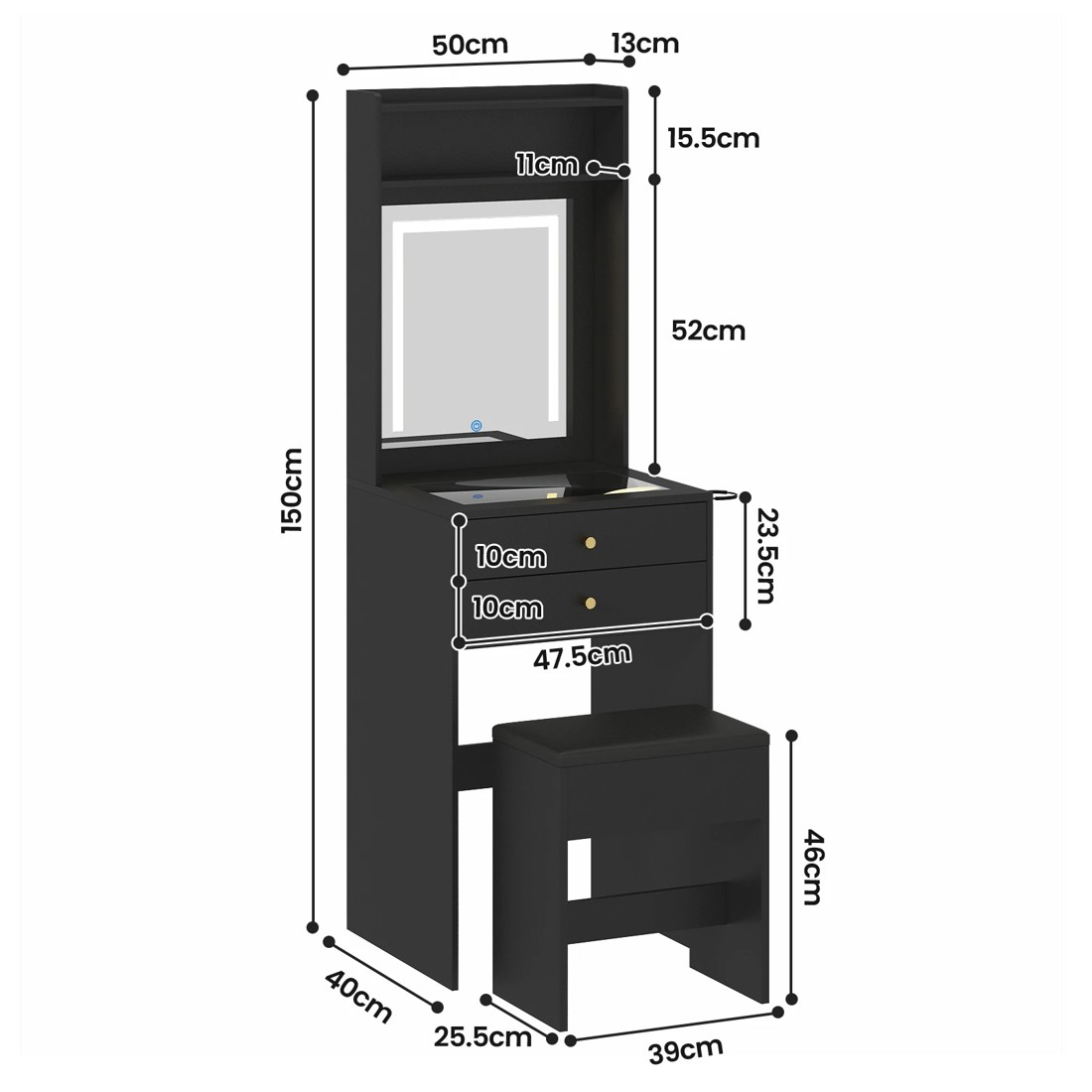 2 Advwin Dressing Table Stool Set Glass Desktop Mirror LED Light 2 Drawers - Black, 2 of 8