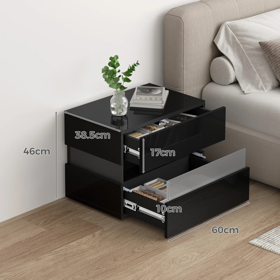 5 Alfordson Bedside Table RGB LED Nightstand 2 Drawers 4 Side High Gloss - Black, 5 of 10