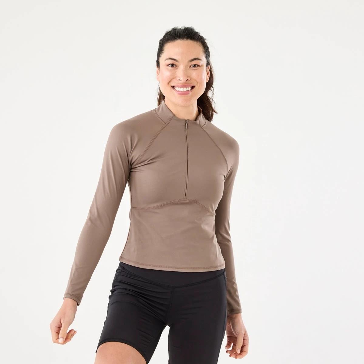 1 Active Womens Long Sleeve 1/4 Zip Ultrasoft Top Wd Taupe, 1 of 6