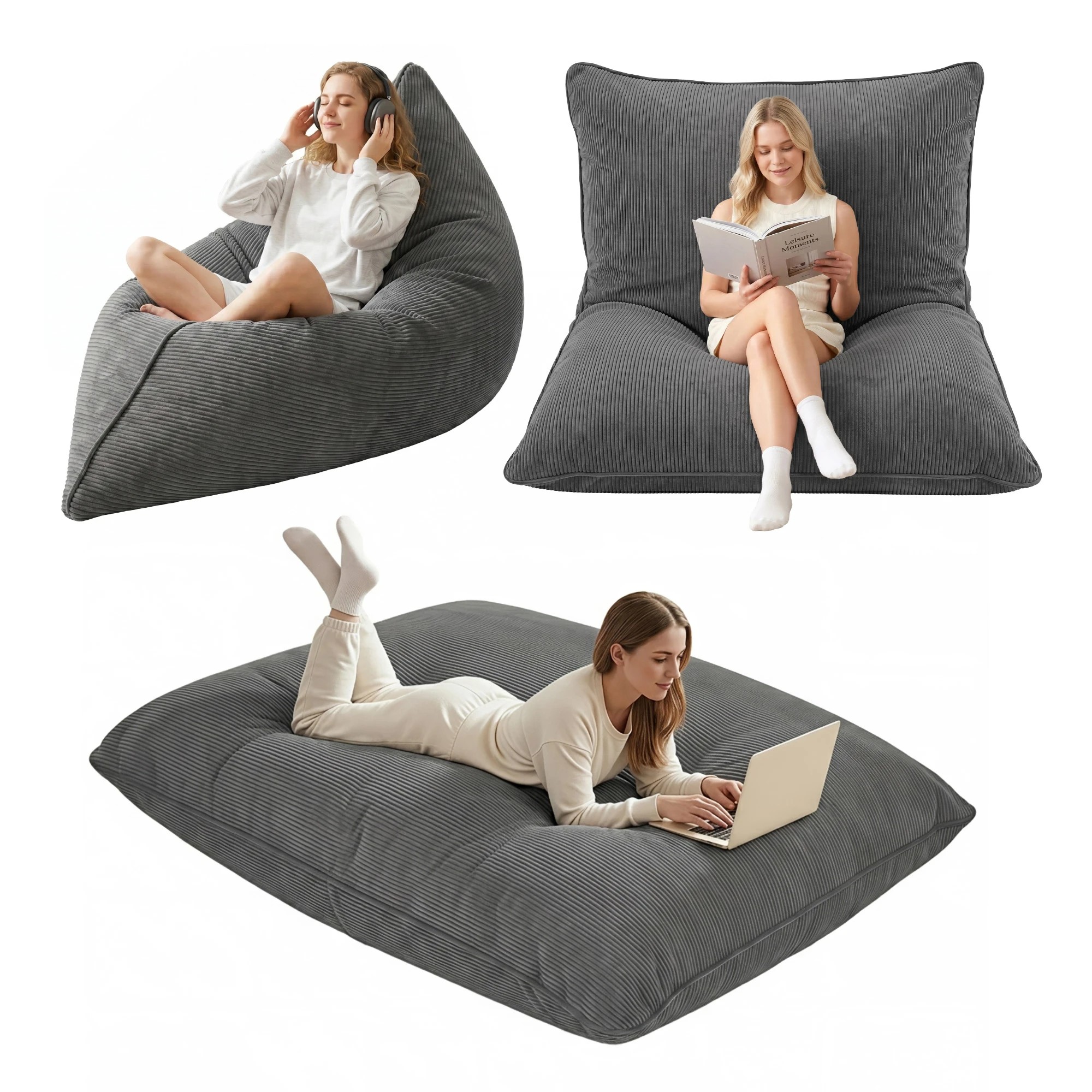 1 Artiss 3 in 1 Bean Bag Chair Cover No Filler Convertible Corduroy Bean Bag Cover Washable - Grey, 1 of 10