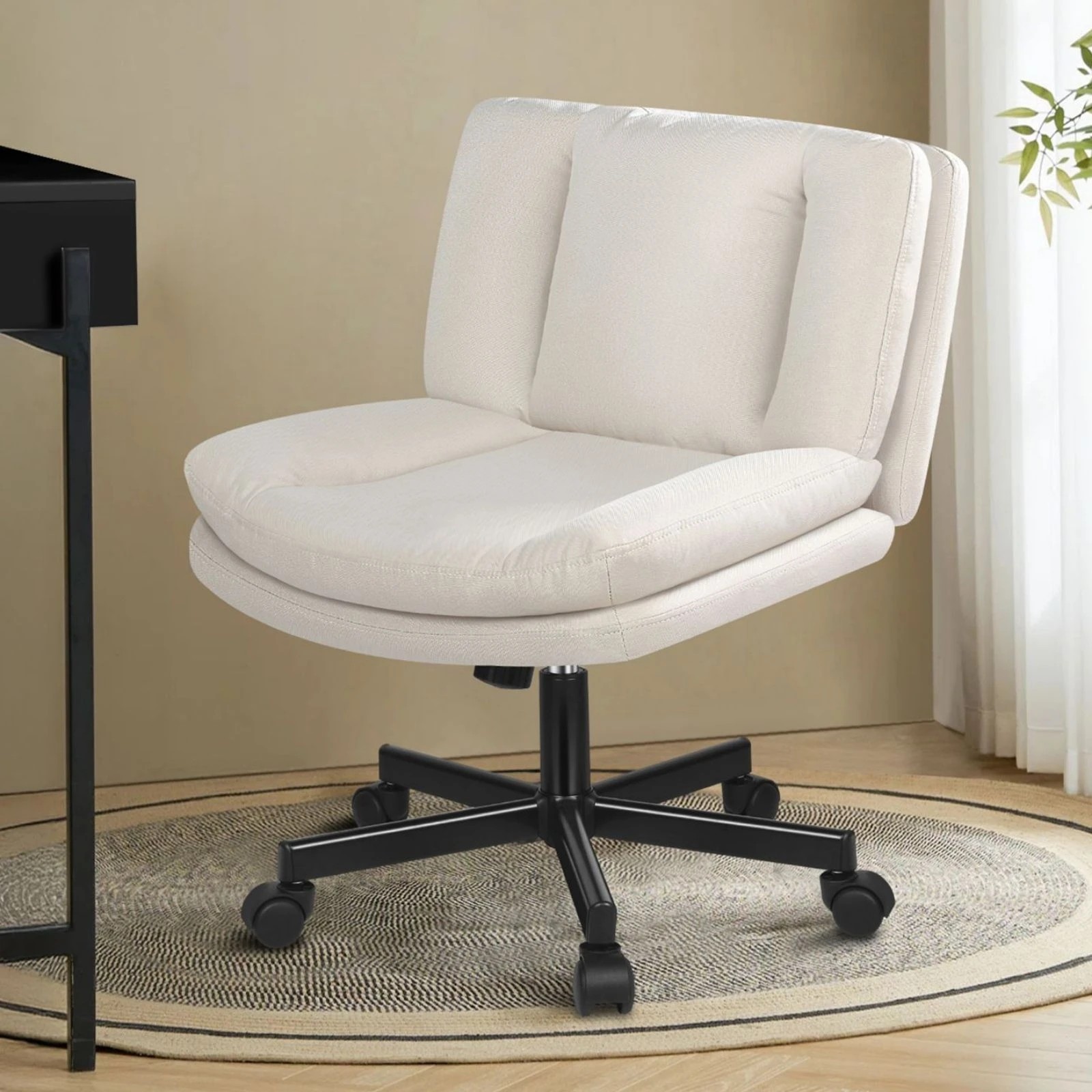 2 Alfordson Armless Office Desk Chair Mid Back Wide Seat w/ Wheels Fabric - Beige, 2 of 10