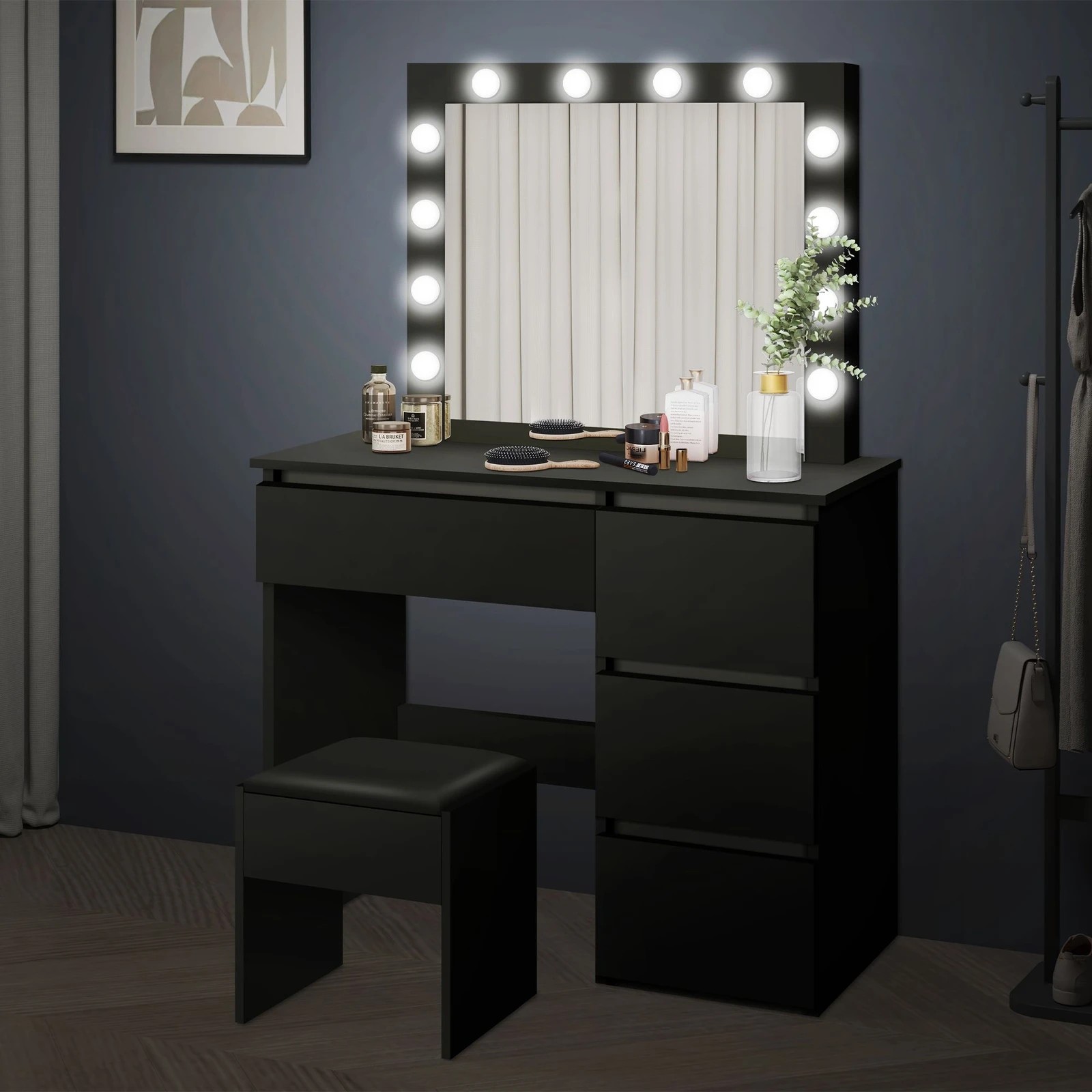 5 Alfordson Dressing Table Stool Set Makeup Mirror Desk LED 12 Bulbs - Black, 5 of 10