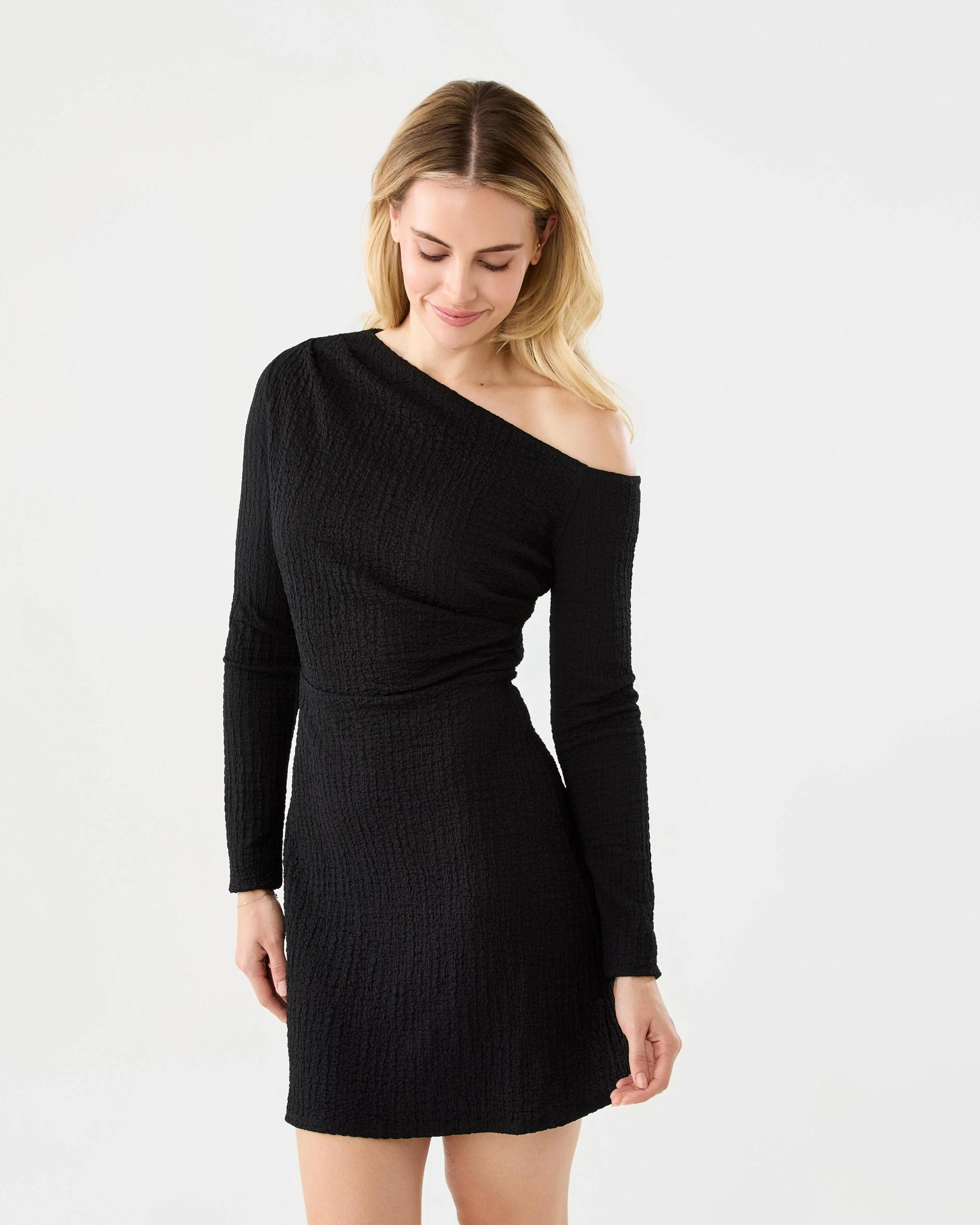 2 Long Sleeve Crinkle Asymmetric Mini Dress Black, 2 of 8