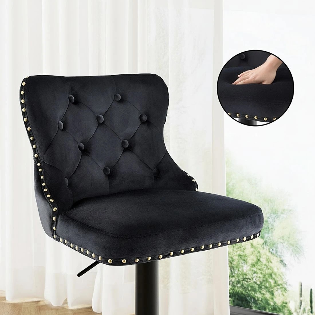 4 Artiss 2x Velvet Bar Stool Adjustable Height Nailhead Trim Kitchen Counter Stool - Black, 4 of 5