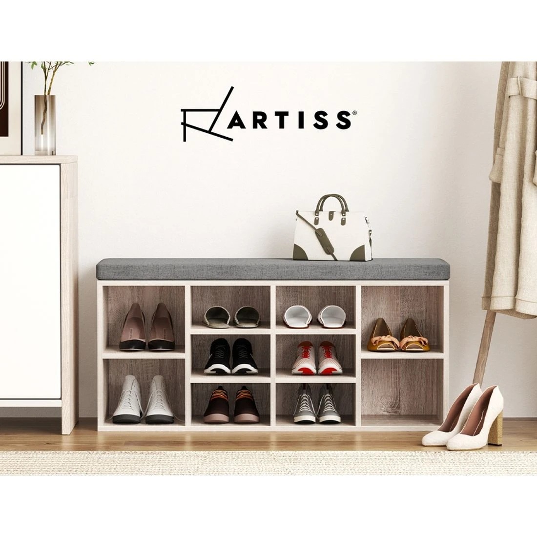 7 Artiss Shoe Rack Cabinet Shoe Bench Fabric Seat Entryway Storage Organizer Comfortable Seat Easy Clean - Natural, 7 of 8
