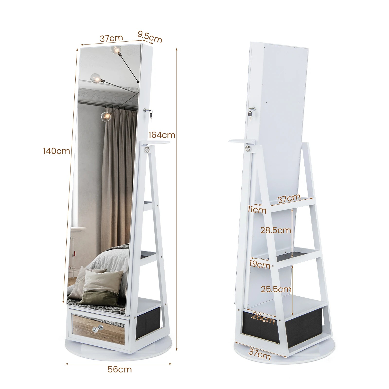 2 Costway Revolving Mirror Cabinet Jewelry Storage Cupboard w/Vanity Table Storage Shelves - White, 2 of 4