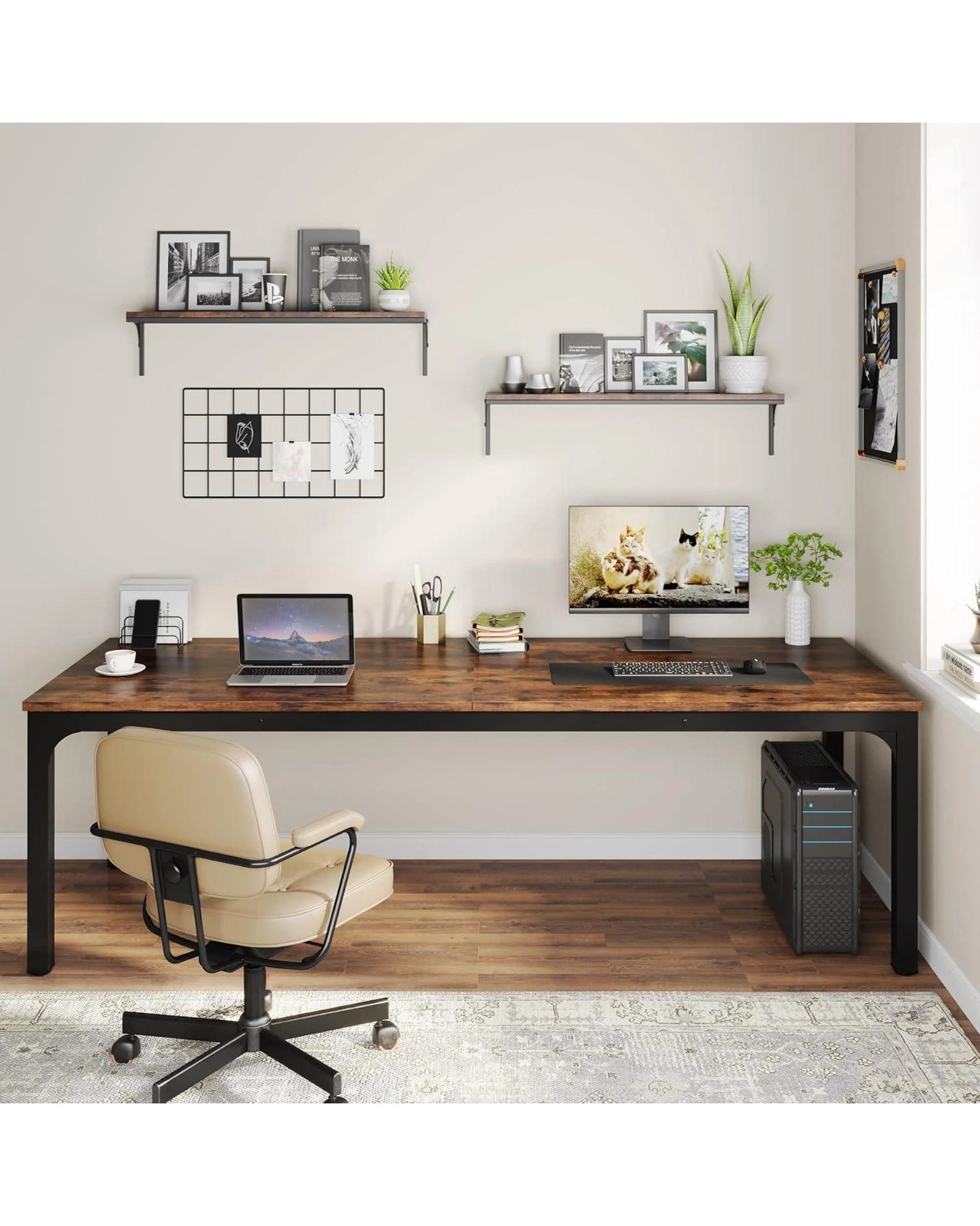 2 OAKORY 200cm Home Office Desk for Two People, Large Writing Desk with Heavy-Duty Metal Legs, Black & Rustic brown, 2 of 5