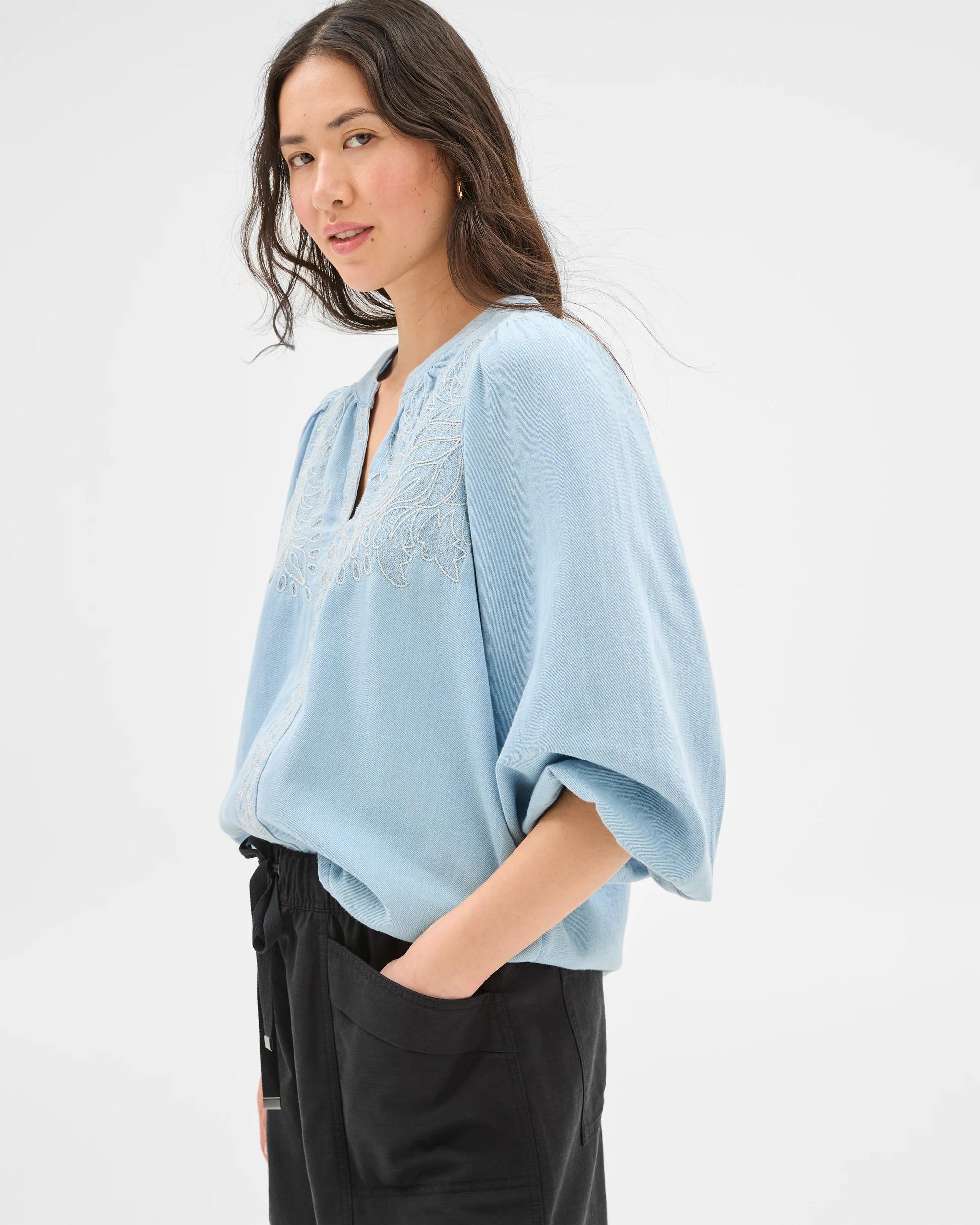 3 Target 3/4 Sleeve Chambray Embroidered Blouse CHAMBRAY, 3 of 7