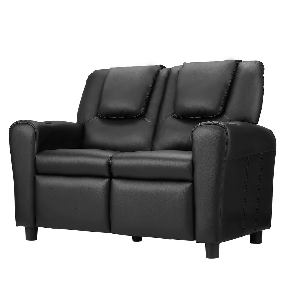 1 Keezi Kids Recliner Chair Double PU Leather Sofa Lounge Couch Armchair - Black, 1 of 5