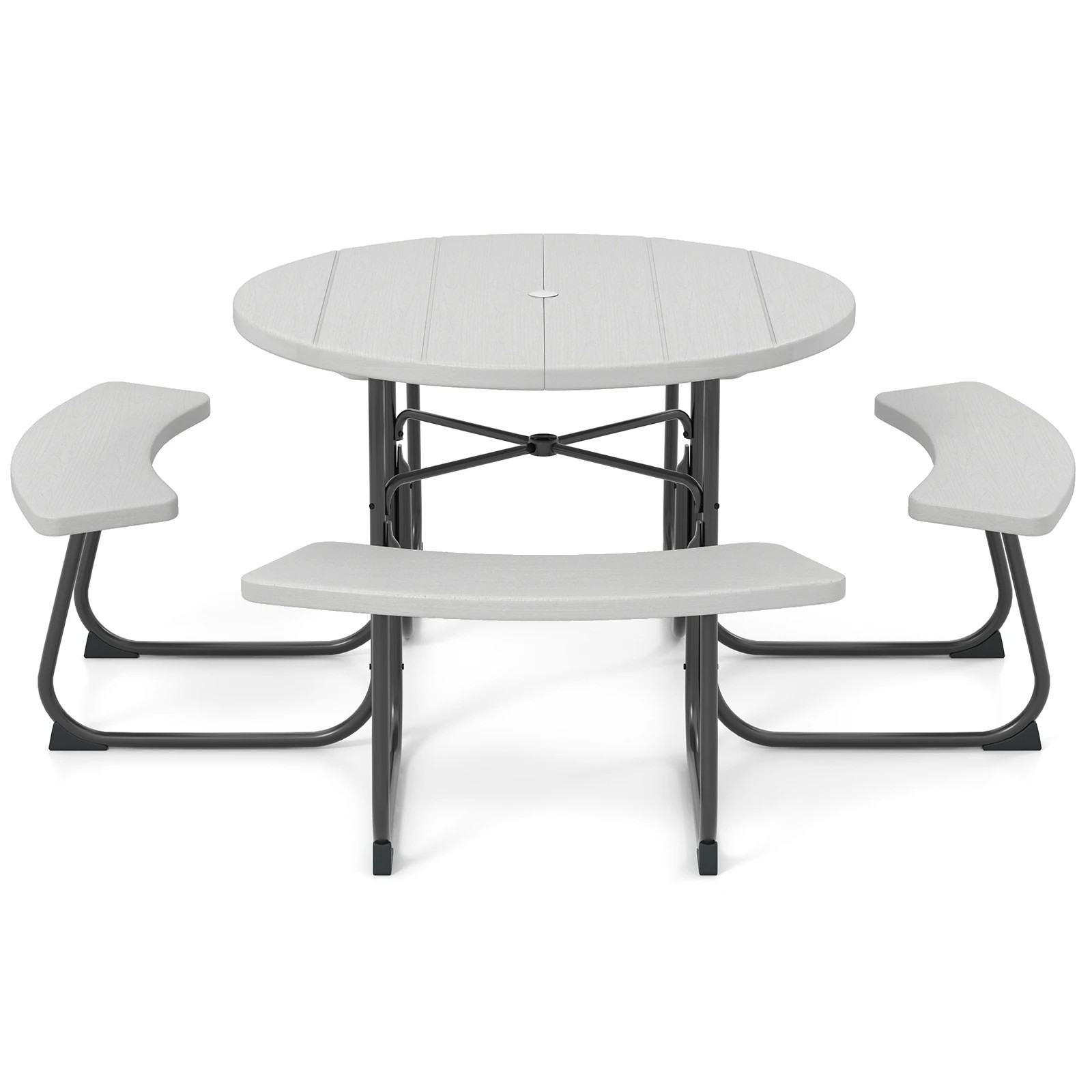 1 Costway 8-person Round Picnic Table Bench Set Outdoor All Weather Dining Table w/Umbrella Hole - Grey, 1 of 1