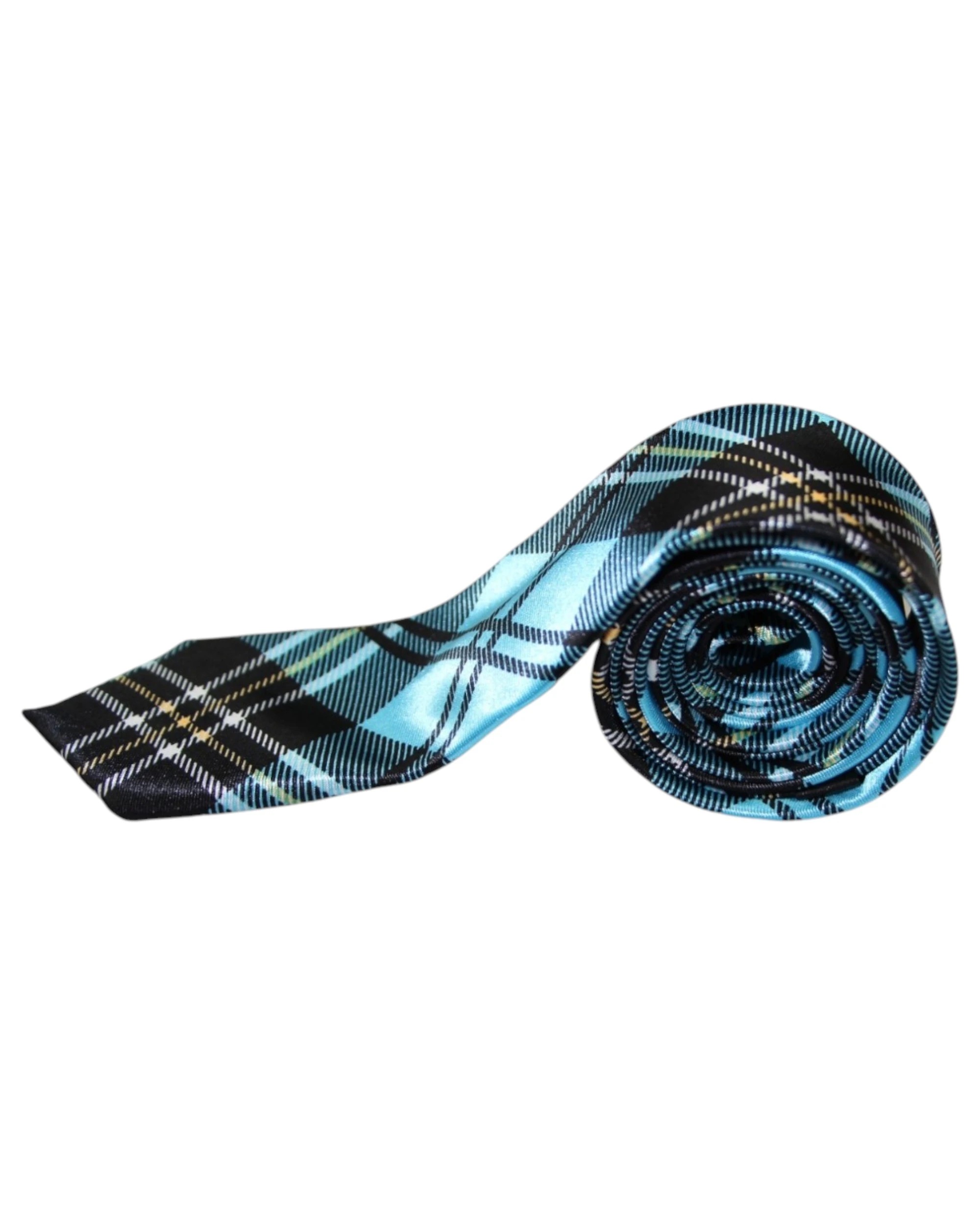 2 Zasel Mens Turquoise & Black Plaid Striped 5cm Skinny Neck Tie, 2 of 2