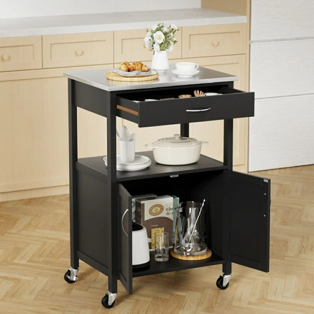 3 Artiss Kitchen Island Trolley Rolling Serving Cart Storage Drawer Cupboard 60cm - Black, 3 of 5