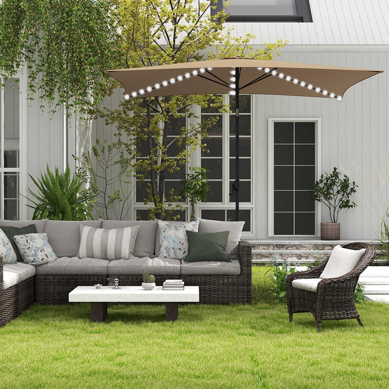 2 Arcadia Furniture 3 Metre Umbrella with Solar LED Lights - Beige, 2 of 5