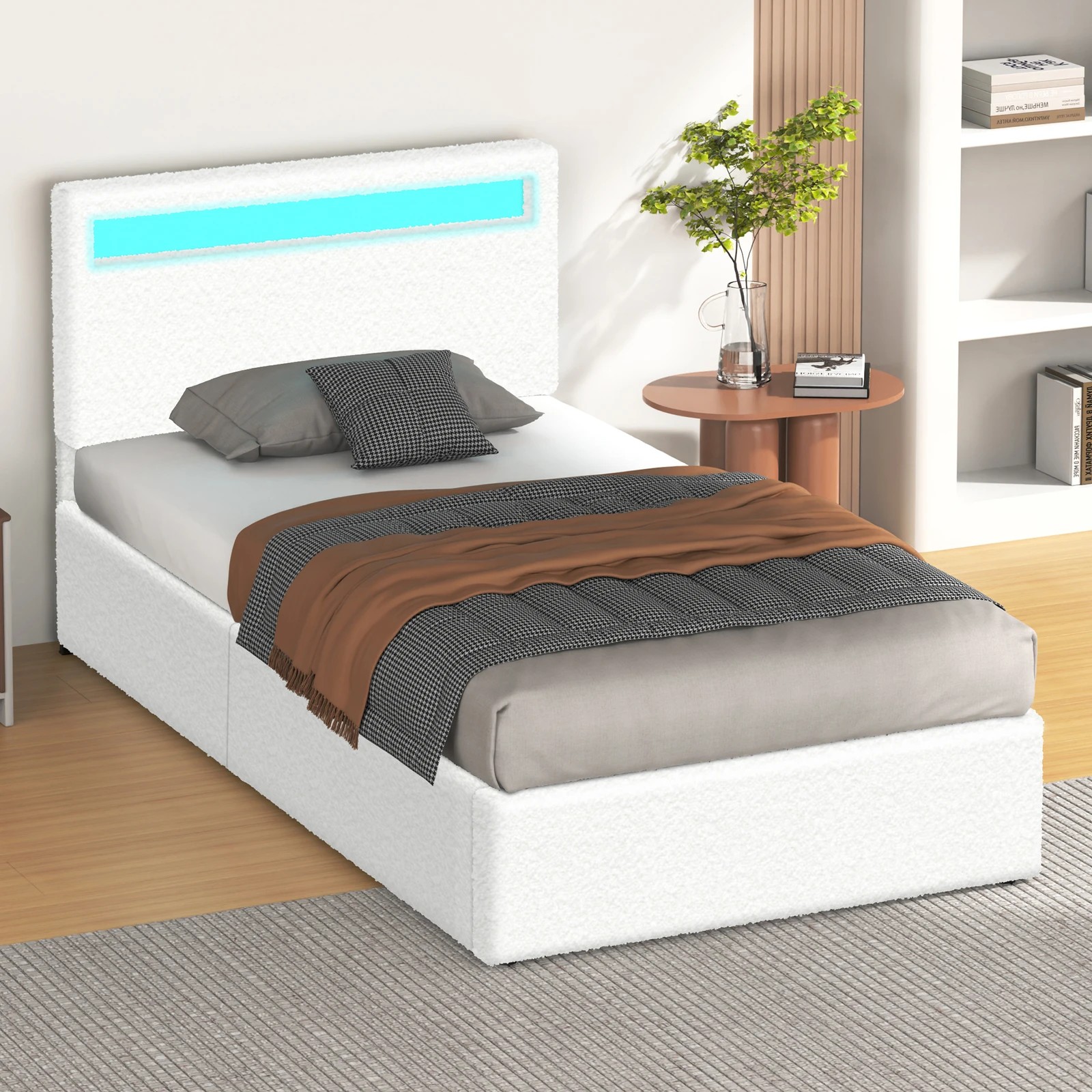 6 Alfordson Bed Frame King Single RGB LED Gas Lift Storage Base Boucle Luchino - White, 6 of 10