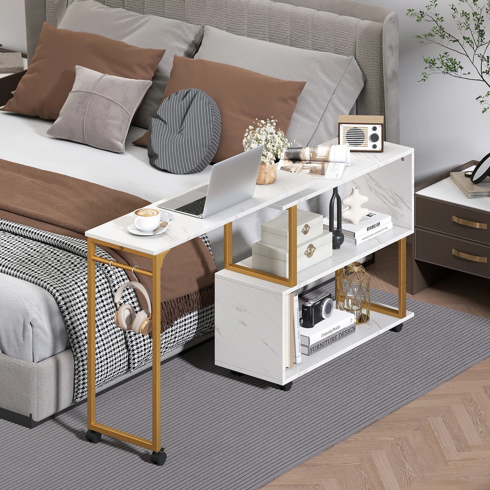 Costway 360° Rotating Side Table Computer Desk Console Table w/Bookcase ...