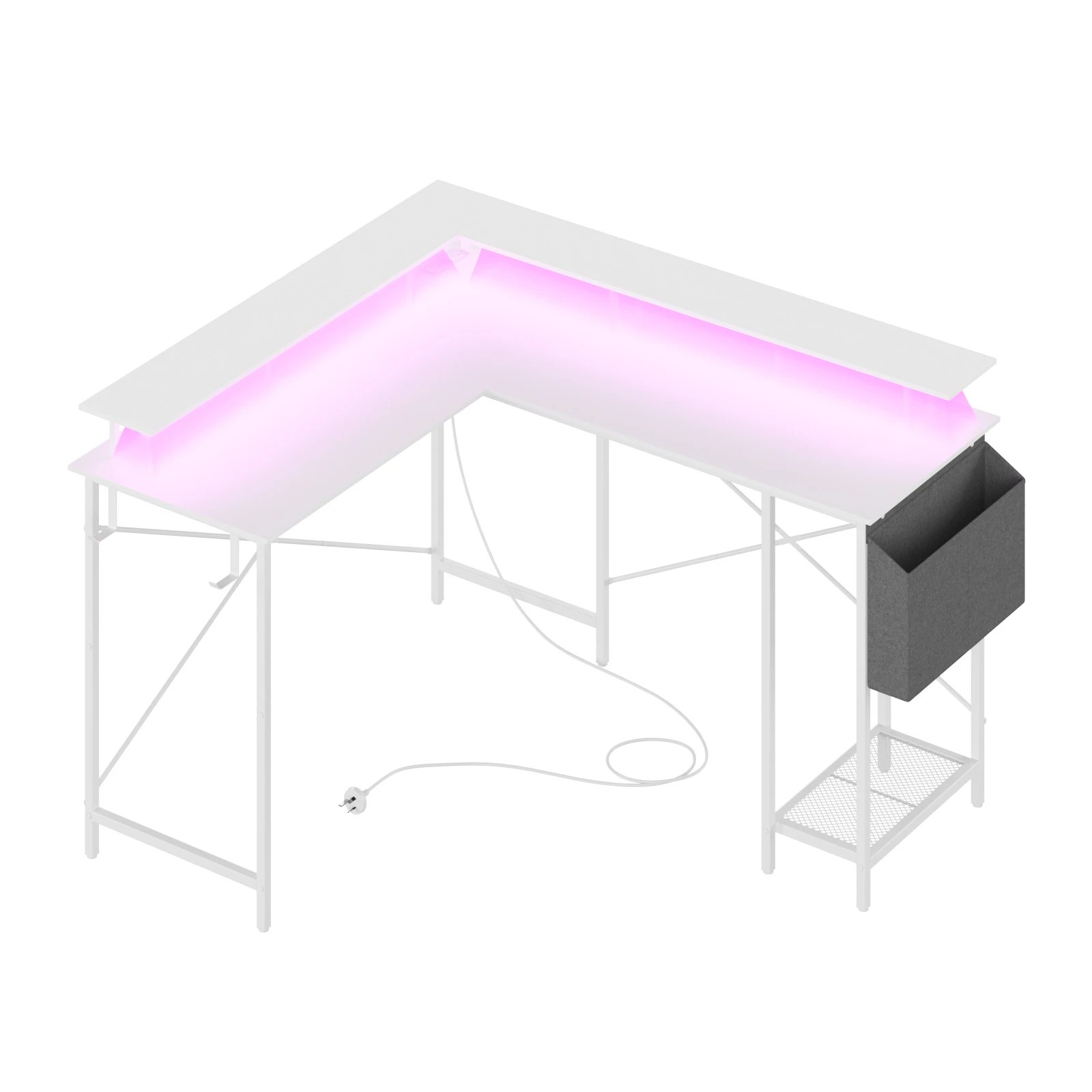 3 Advwin L Shaped Gaming Desk 136cm With Led Lights & Power Outlets White, 3 of 10