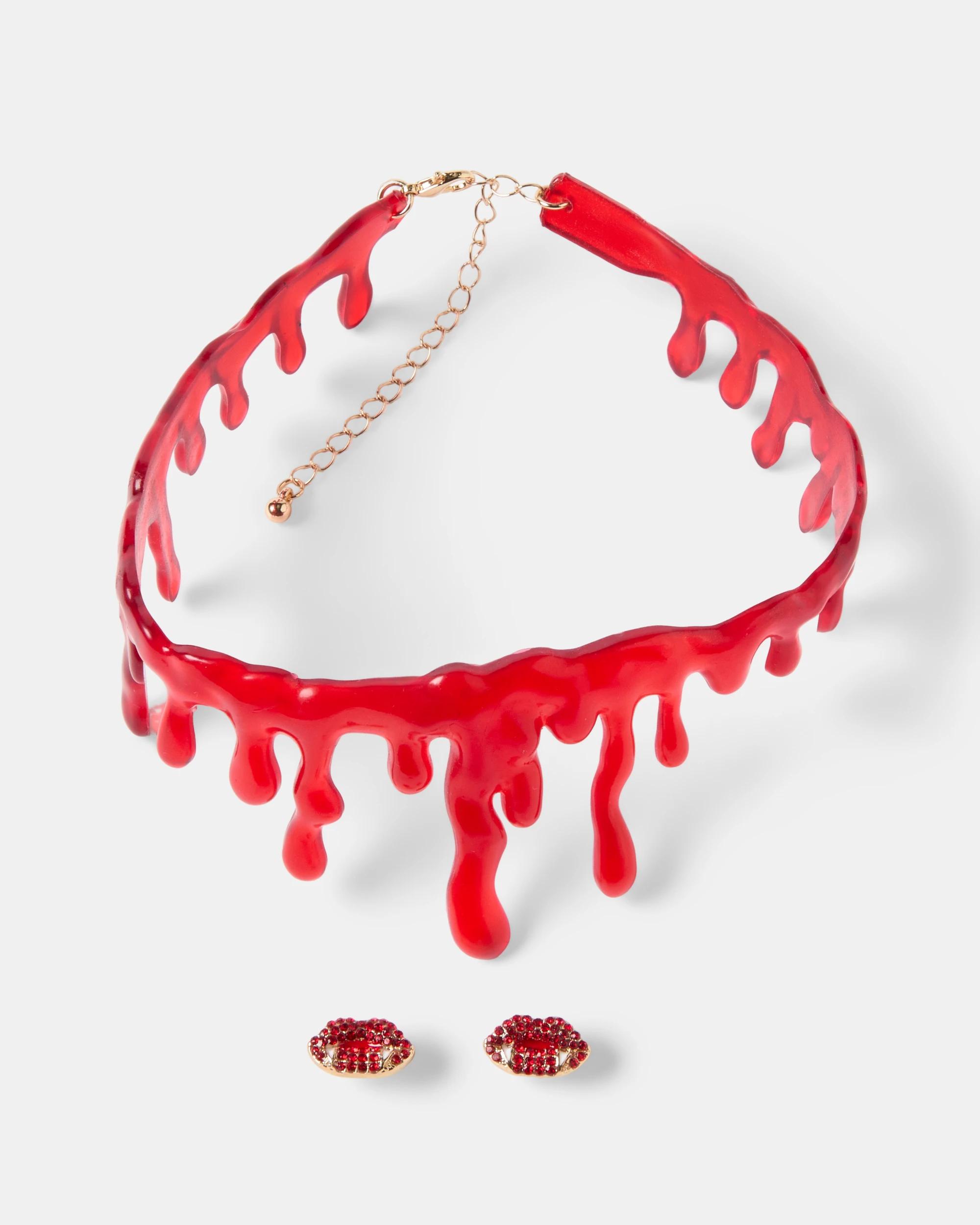 1 Halloween Vampire Necklace and Earrings Set - Red RED, 1 of 4
