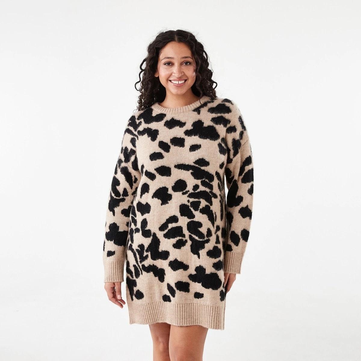 1 Long Balloon Sleeve Knit Mini Dress Leopard, 1 of 7