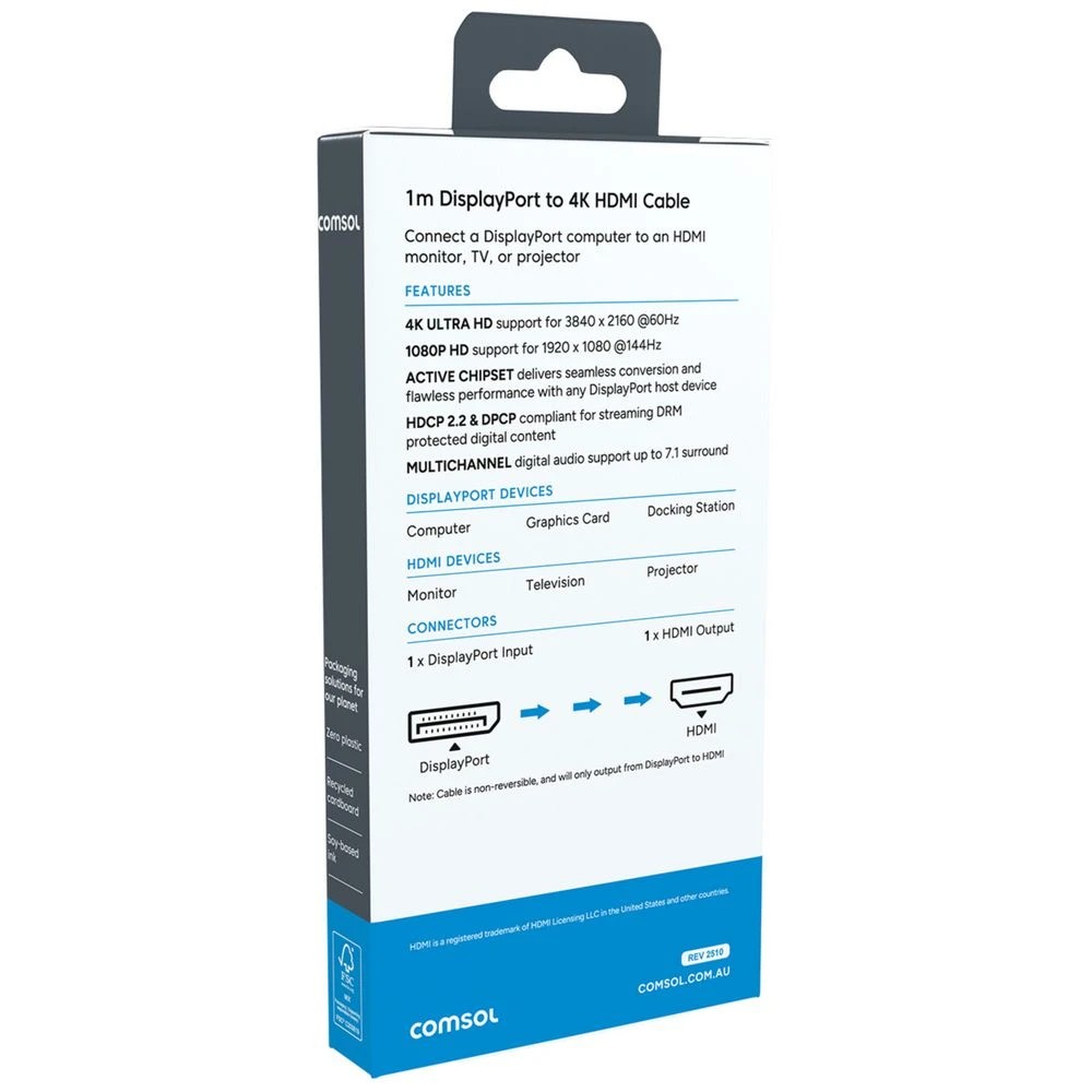 3 Comsol DisplayPort to HDMI Cable 4K 1m Black, 3 of 4