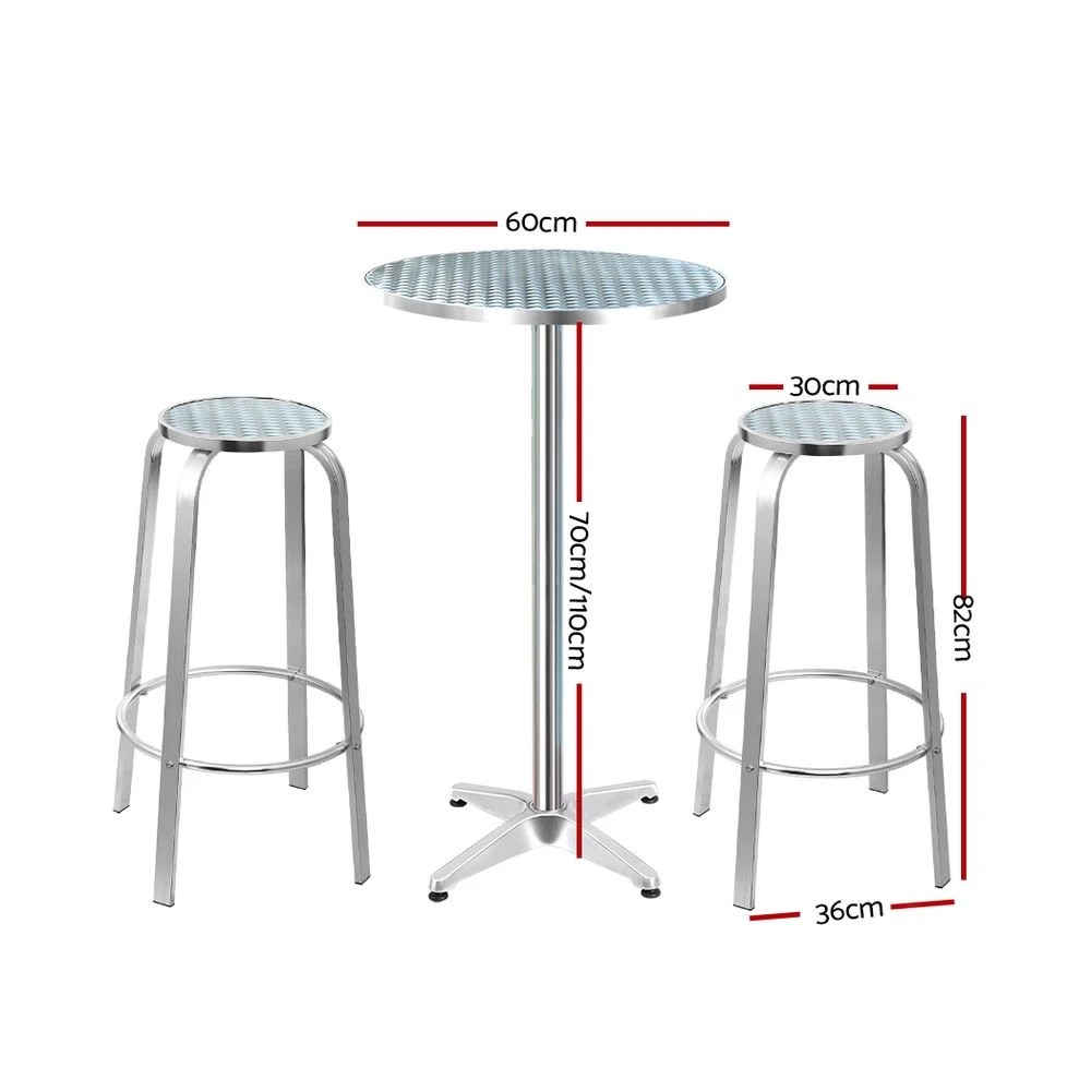 2 Gardeon 3-Piece Outdoor Bar Set Bistro Table Stools Adjustable Round Cafe - Silver, 2 of 7