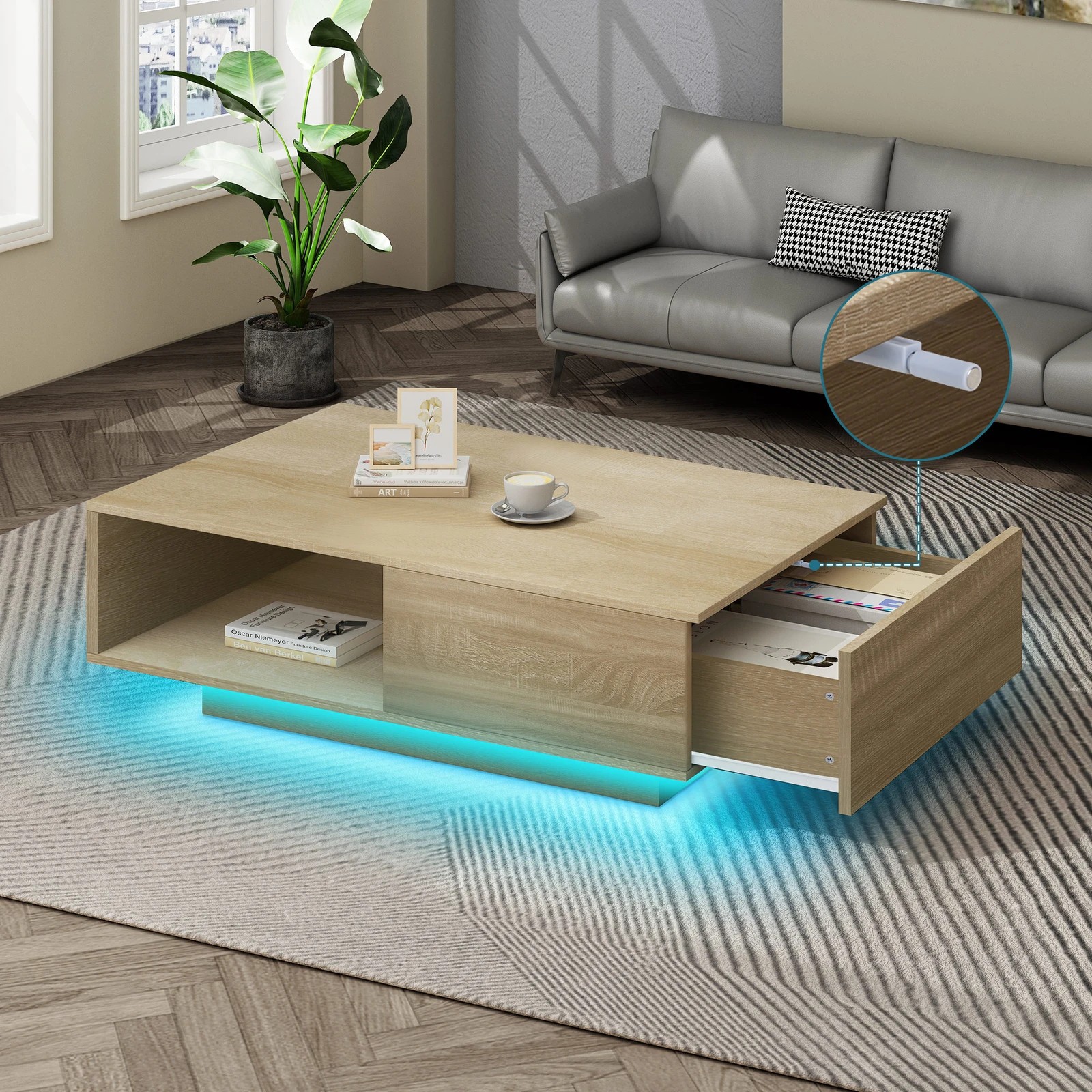 9 Alfordson Coffee Table LED RGB Light Storage Drawer Modern Furniture - Oak, 9 of 9