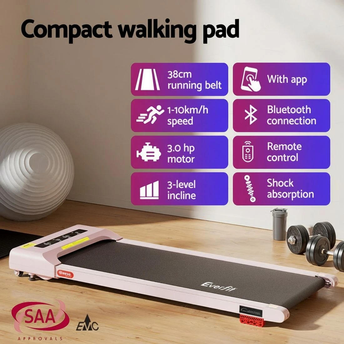 4 Everfit Treadmill Electric Walking Pad Incline Under Desk Home Gym 380mm - Pink, 4 of 10