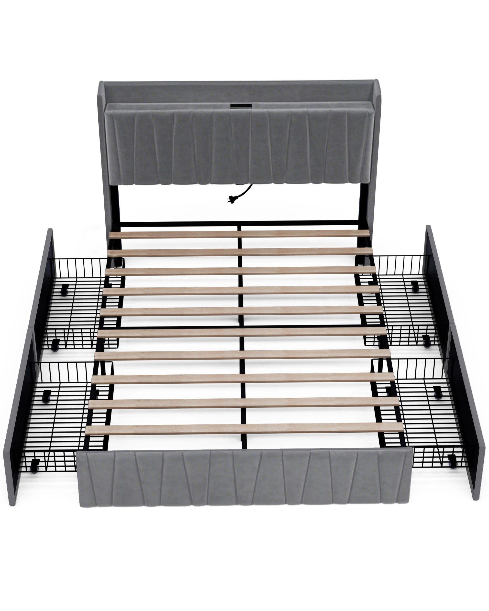 1 Advwin Queen Bed Frame With 4 Storage Drawers & Charging Station Grey, 1 of 7